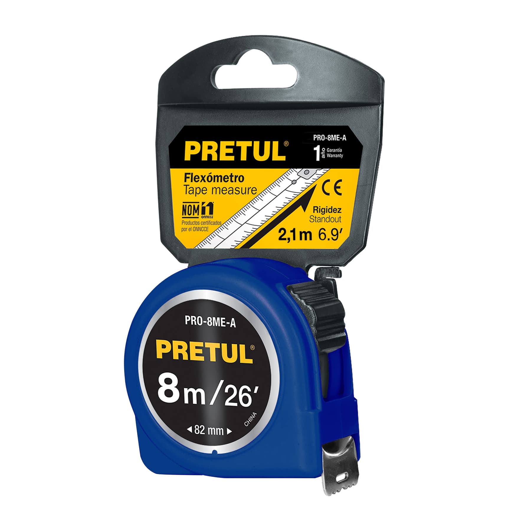 Flexómetro azul 8 m cinta 25 mm, en tarjeta, PRETUL