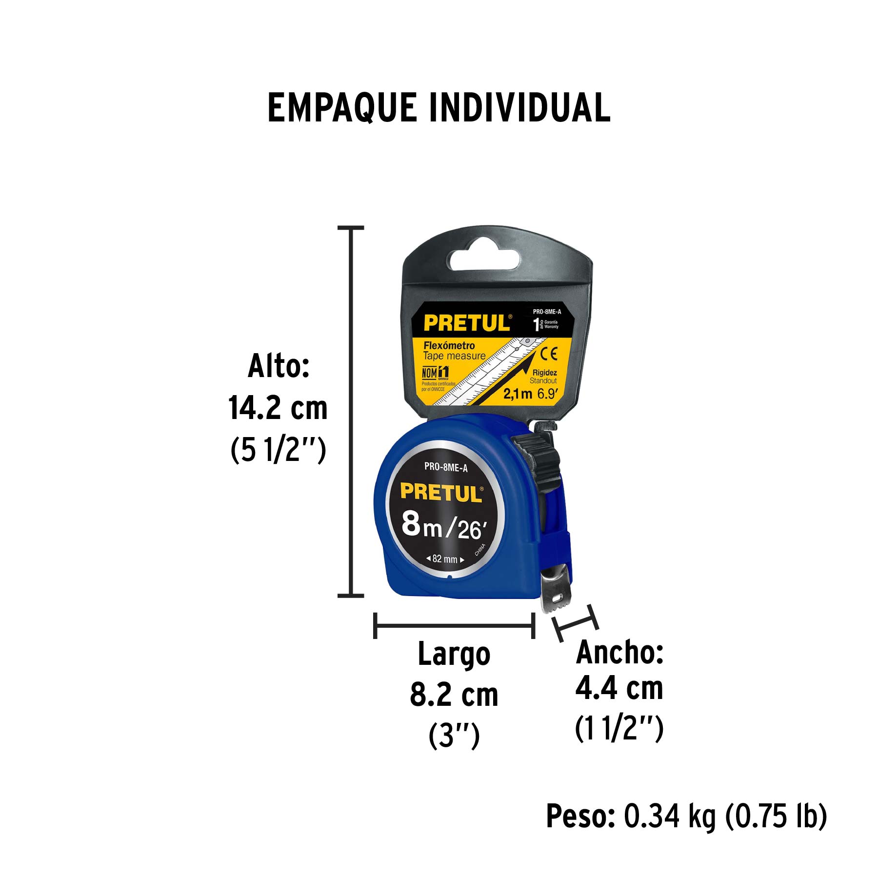 Flexómetro azul 8 m cinta 25 mm, en tarjeta, PRETUL - Empaque