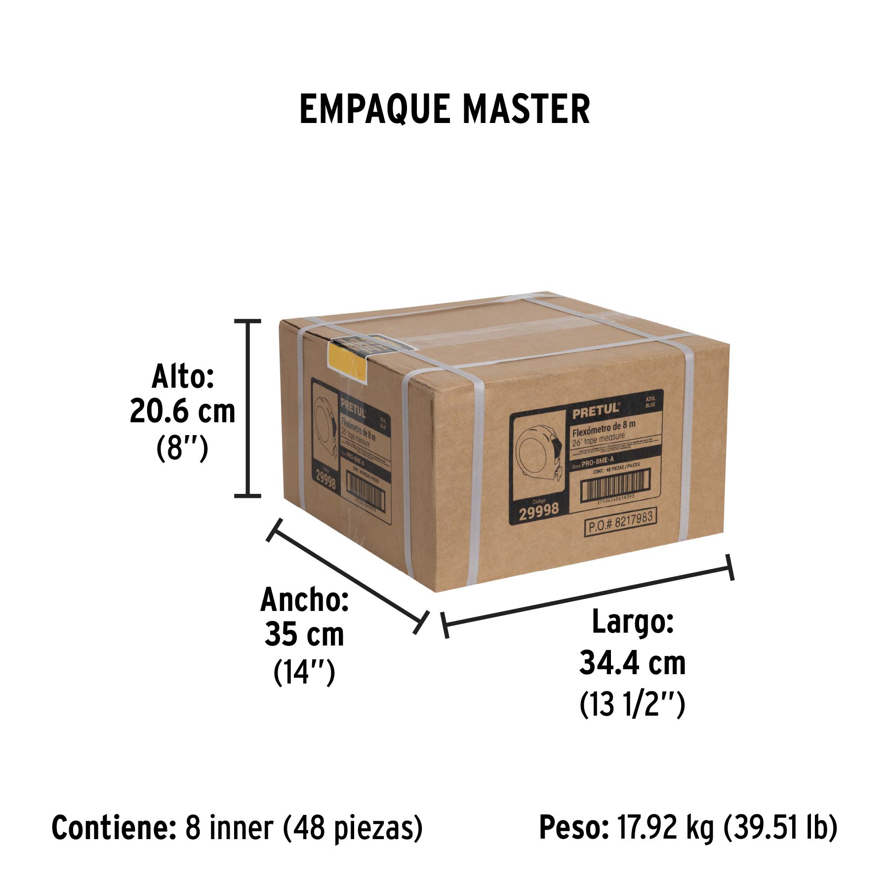 Flexómetro azul 8 m cinta 25 mm, en tarjeta, PRETUL - Empaque