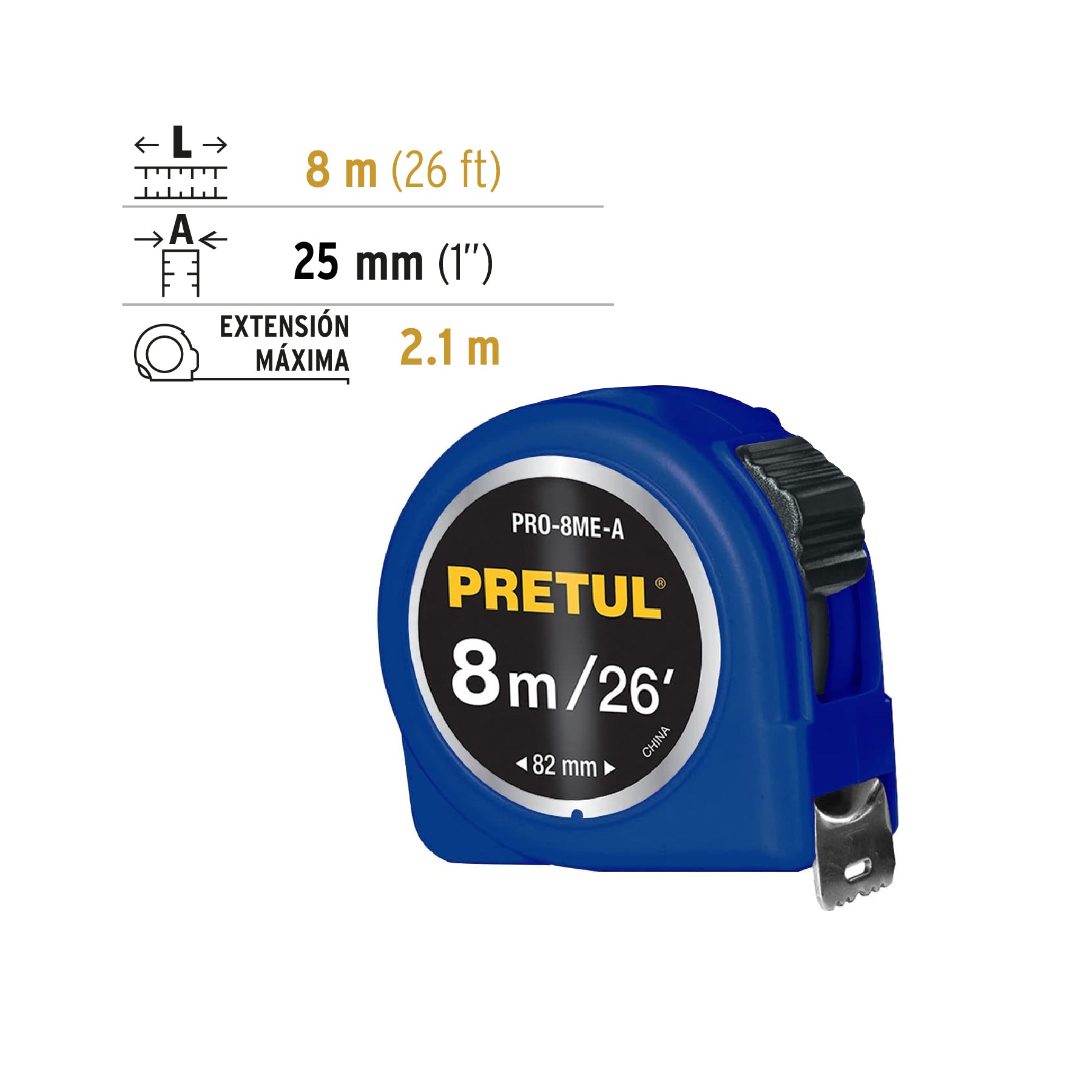 Flexómetro azul 8 m cinta 25 mm, en tarjeta, PRETUL