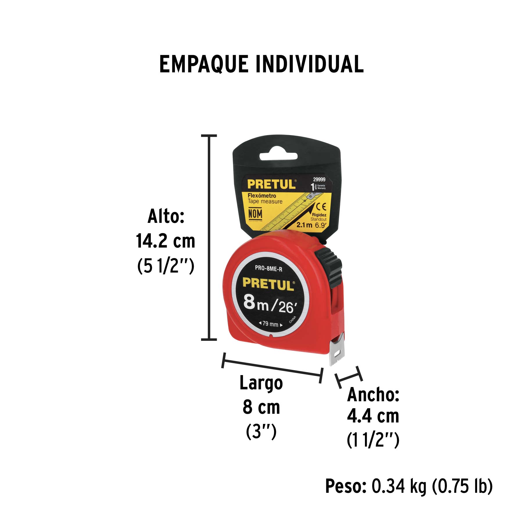 Flexómetro rojo 8 m cinta 25 mm, en tarjeta, PRETUL - Empaque