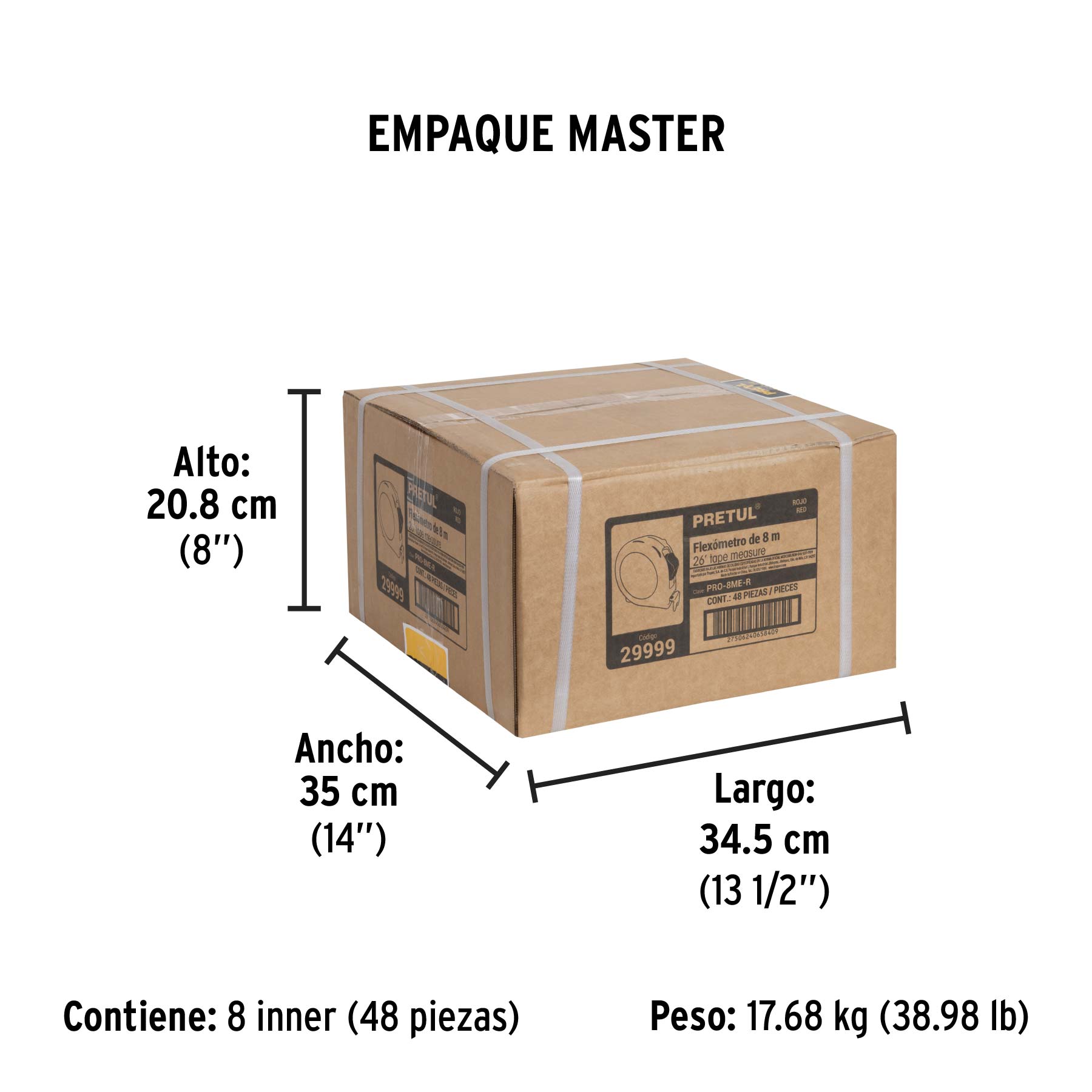 Flexómetro rojo 8 m cinta 25 mm, en tarjeta, PRETUL - Empaque
