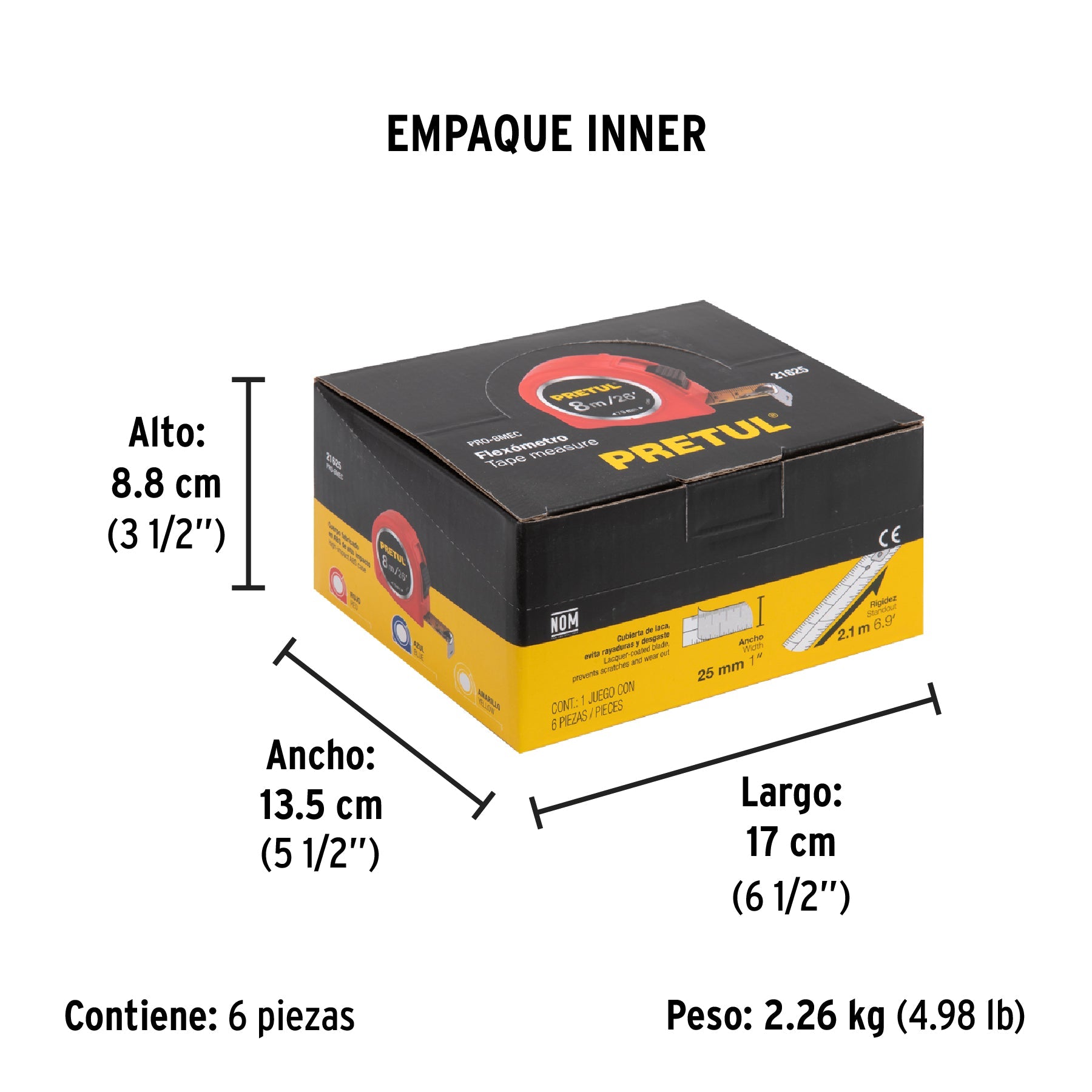 Flexómetro 8 m cinta 25 mm, en display box, PRETUL - Empaque