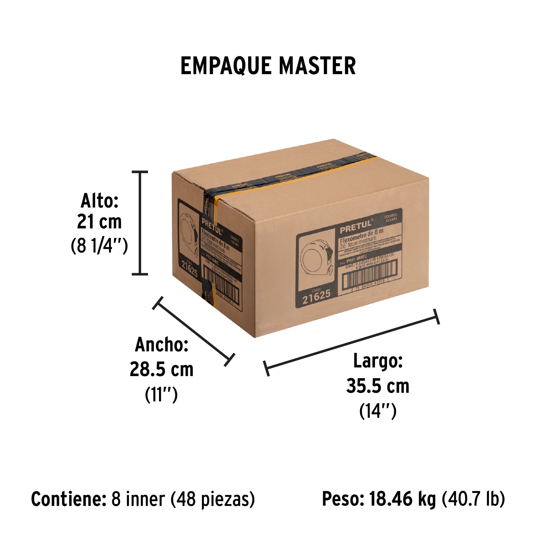 Flexómetro 8 m cinta 25 mm, en display box, PRETUL - Empaque