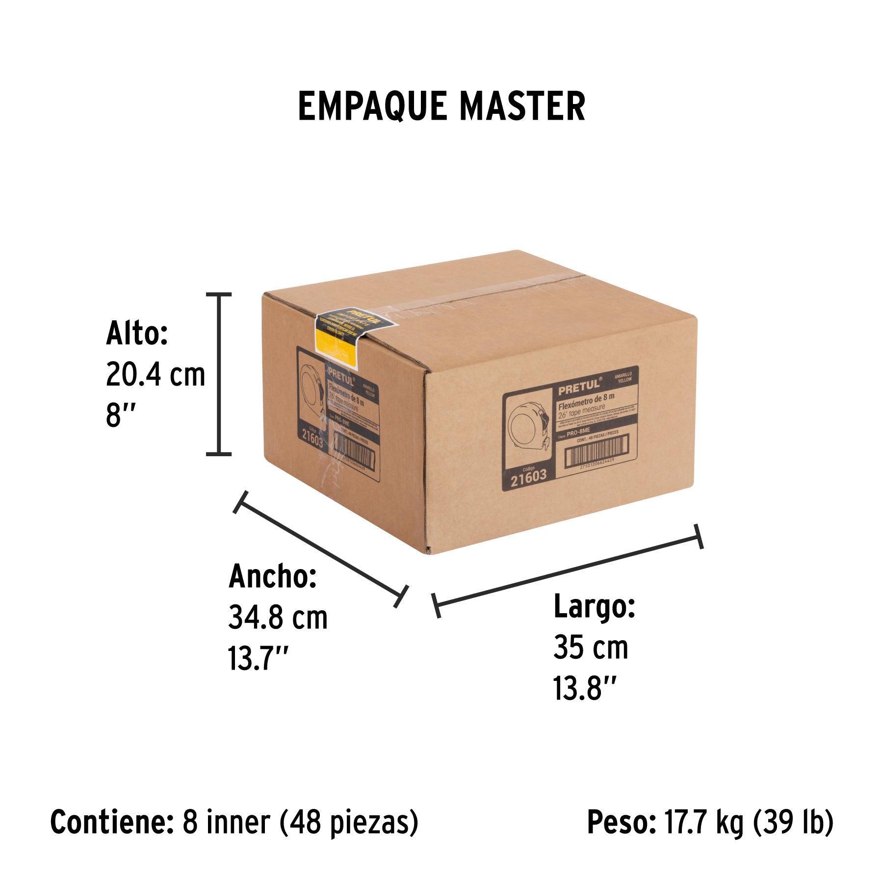Flexómetro amarillo 8 m cinta 25 mm, en tarjeta, PRETUL - Empaque