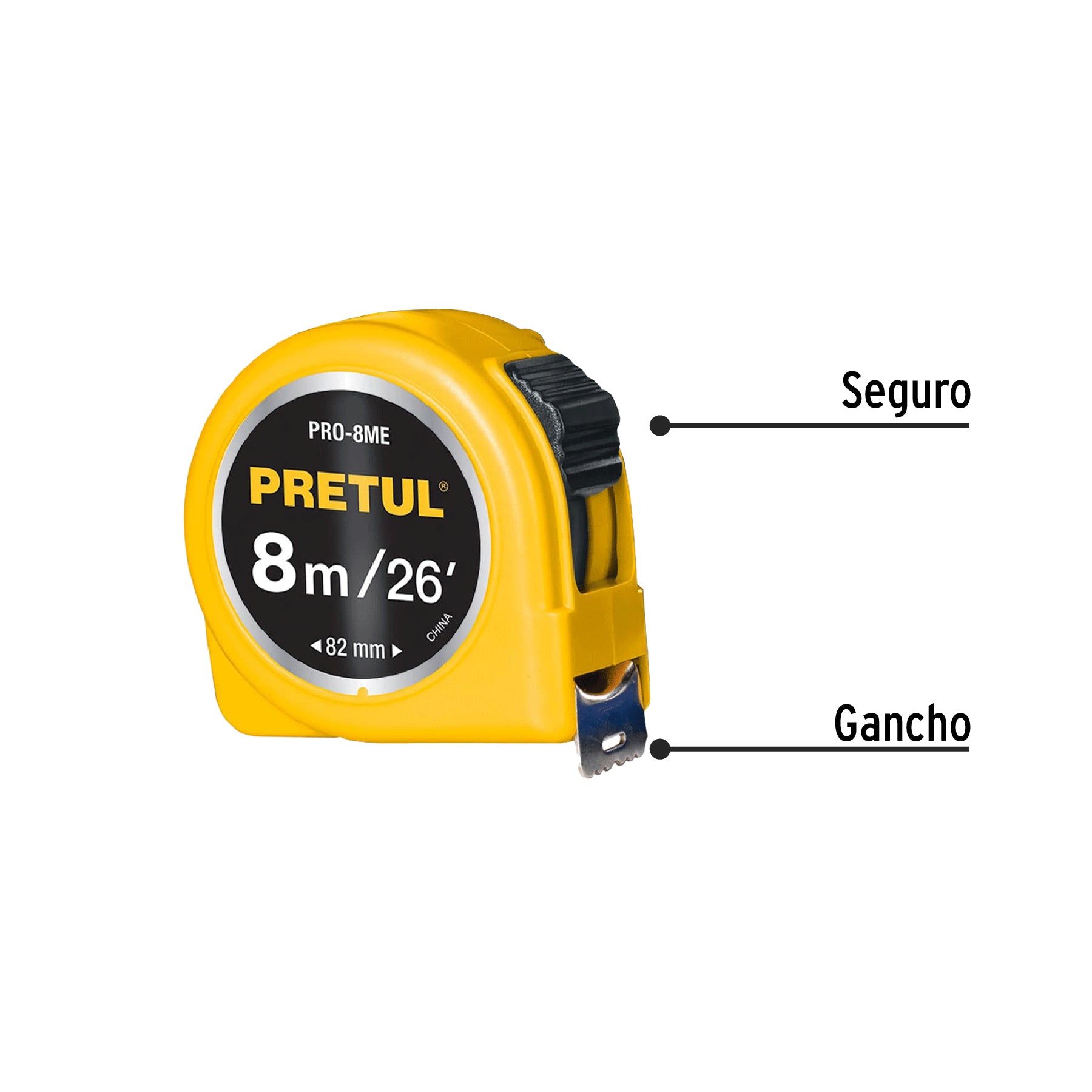 Flexómetro amarillo 8 m cinta 25 mm, en tarjeta, PRETUL