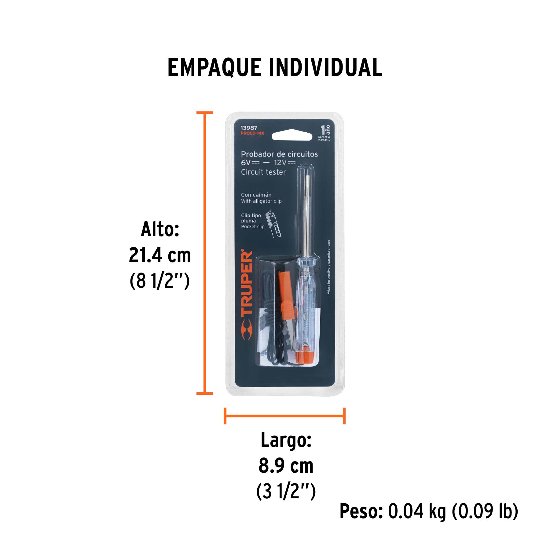 Probador de circuitos de corriente directa 14 cm c/caimán - Empaque