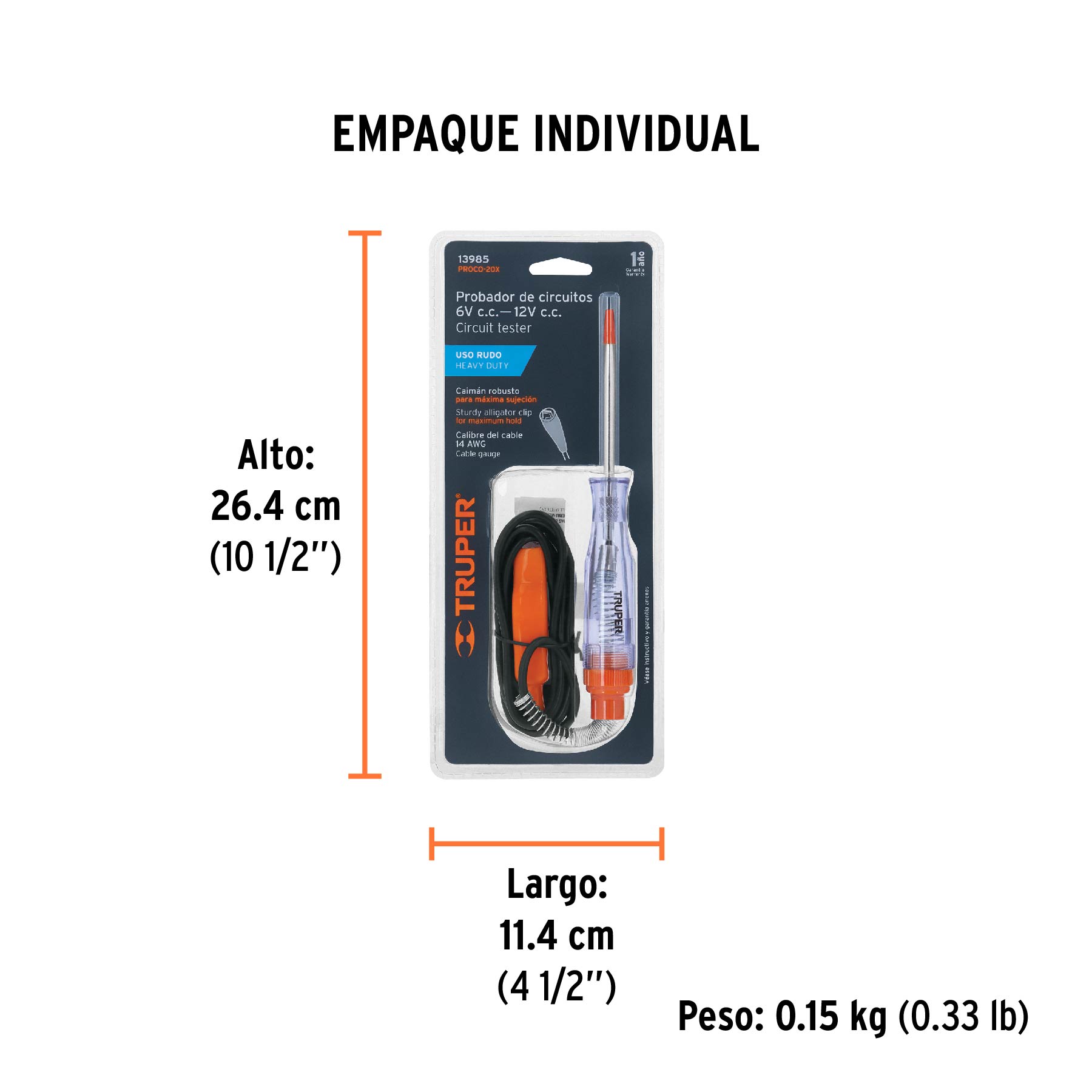 Probador de circuitos de corriente directa 20 cm, c/caimán - Empaque