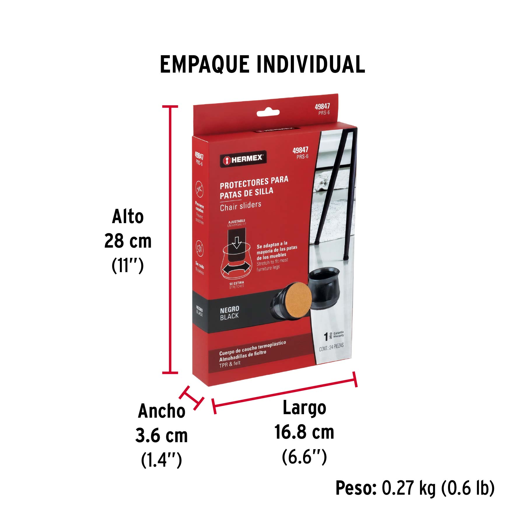 Caja con 24 protectores para patas de silla, negro - Empaque