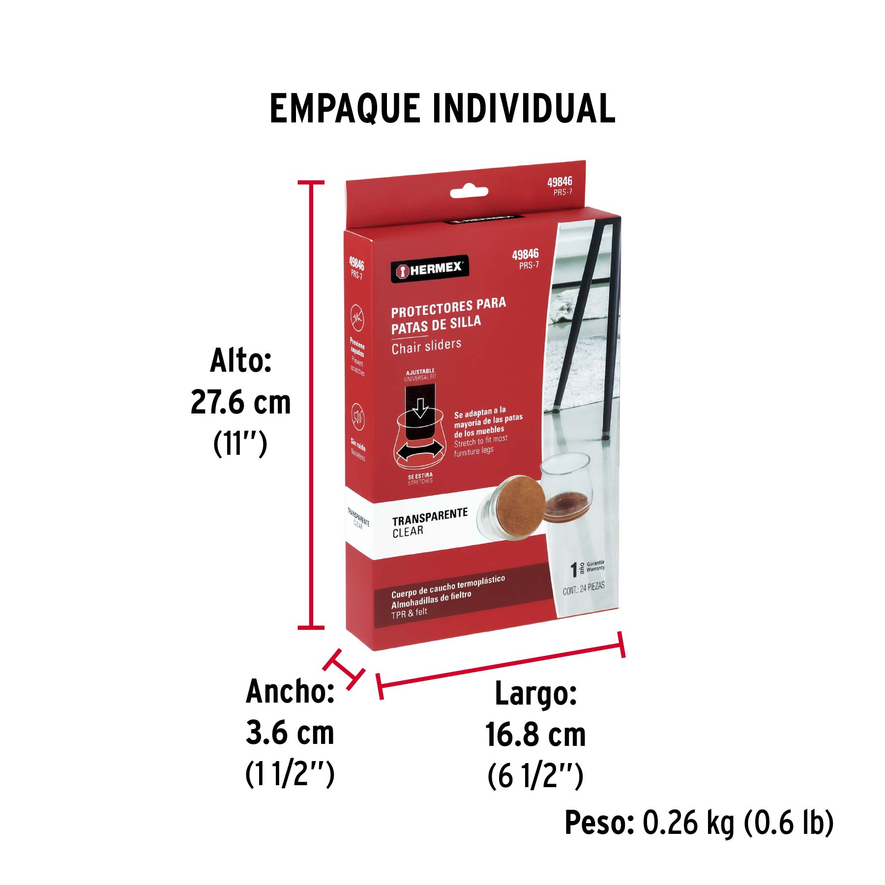 Caja con 24 protectores para patas de silla, transparente - Empaque