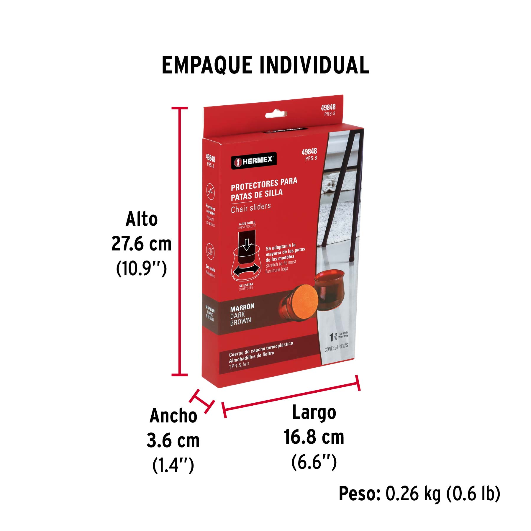 Caja con 24 protectores para patas de silla, café - Empaque