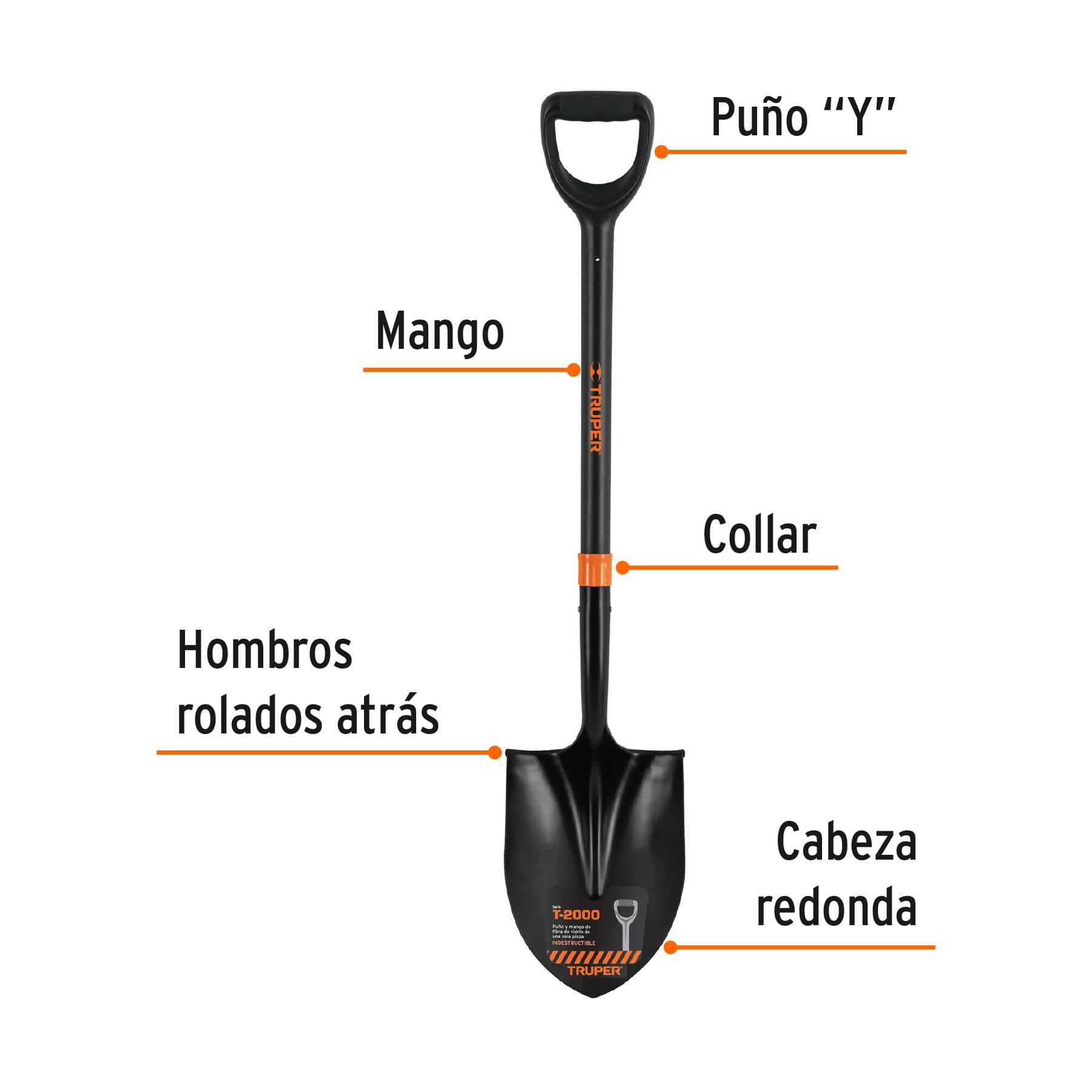 Pala redonda T-2000, puño "Y" mango fibra de vidrio, TRUPER