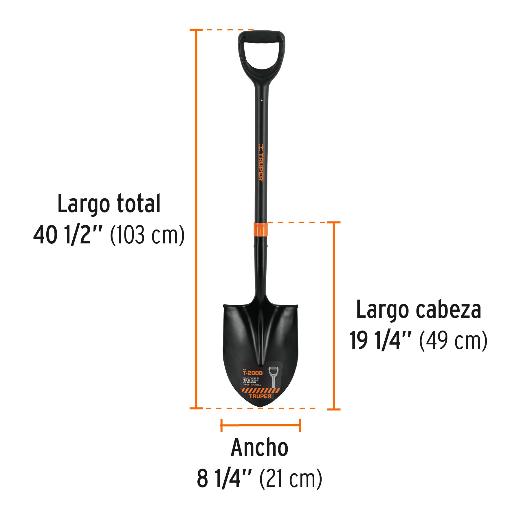 Pala redonda T-2000, puño "Y" mango fibra de vidrio, TRUPER