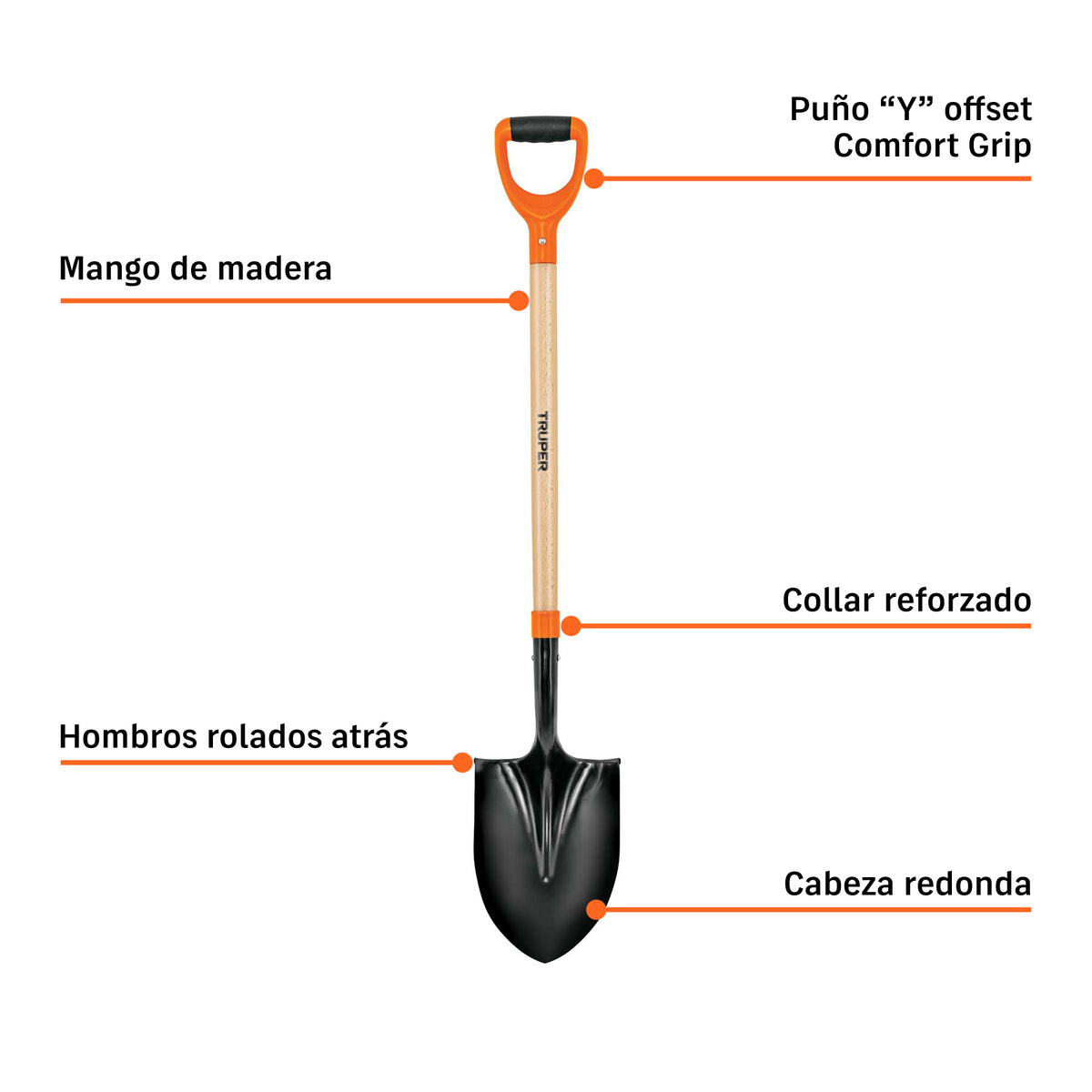 Pala redonda T-2000, puño offset "Y", mango 45", TRUPER