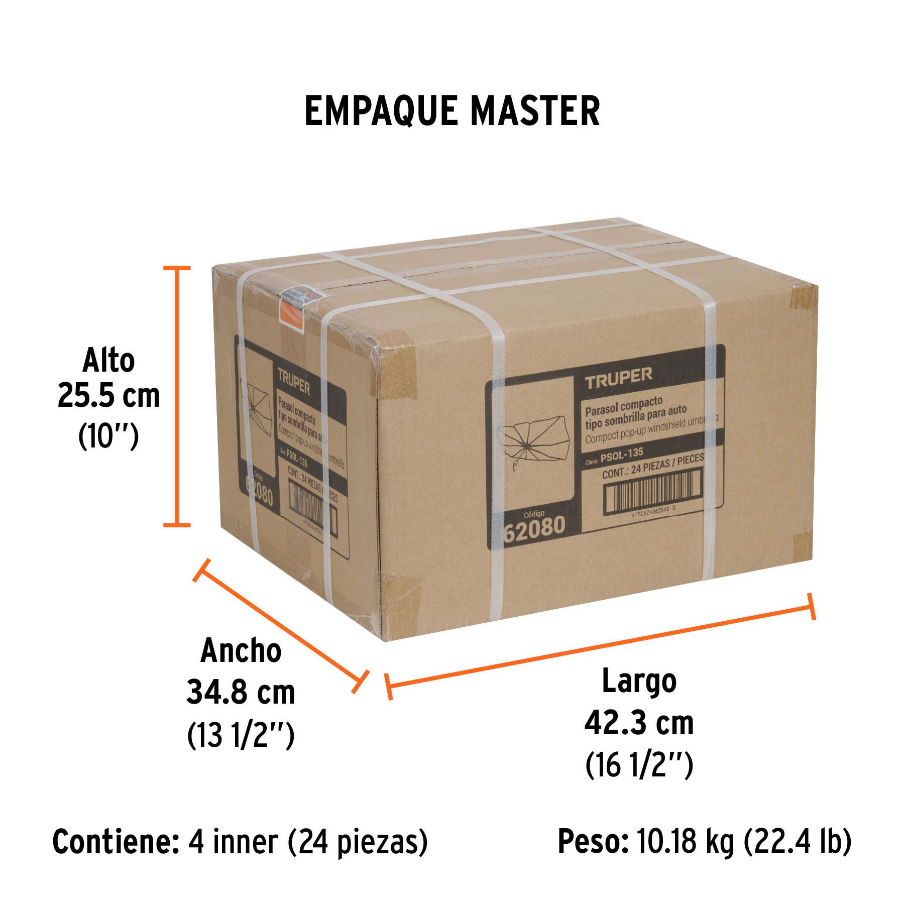 Parasol plegable de 128 cm para auto, TRUPER - Empaque
