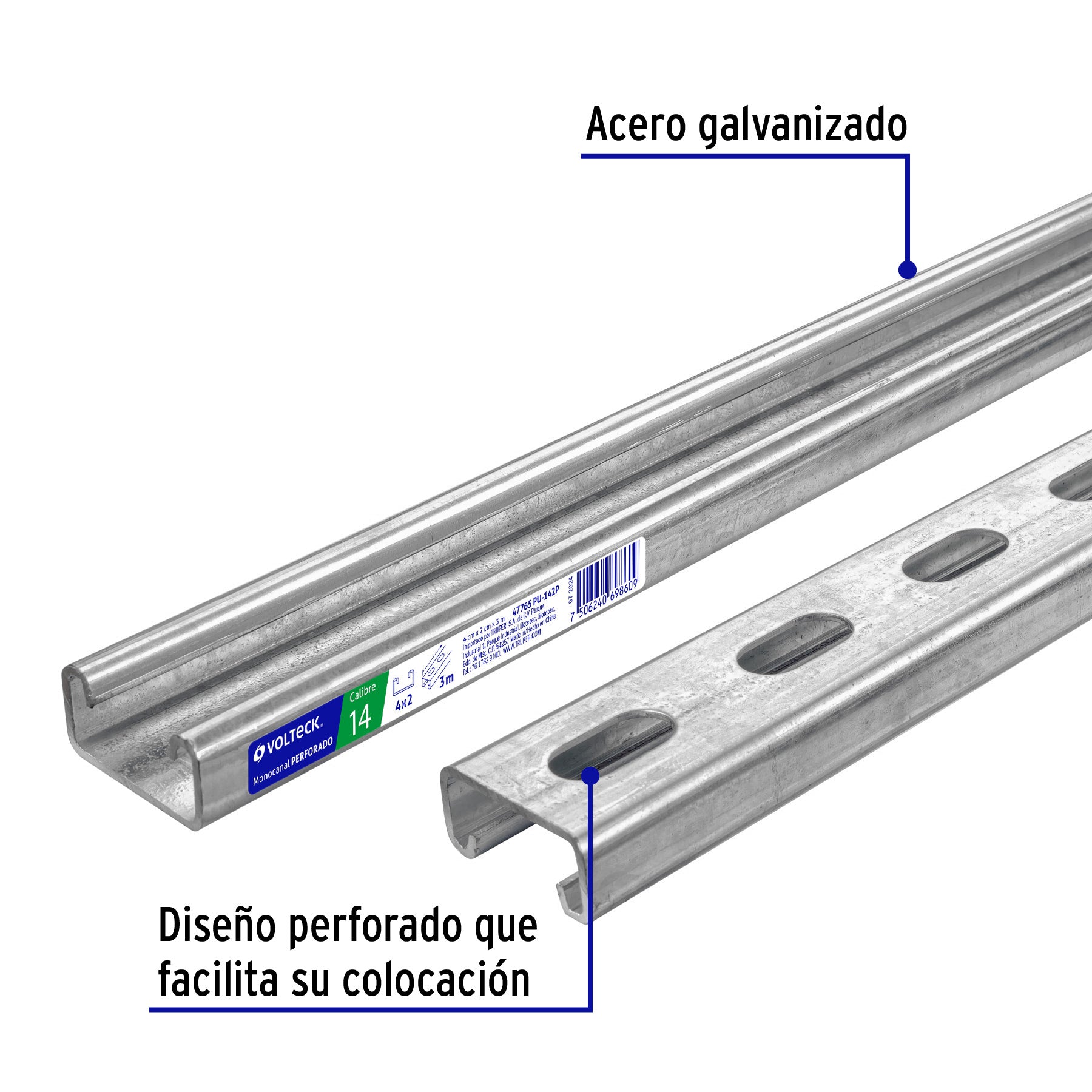 Perfil monocanal perforado de 3 m, 4 x 2 cm cal. 14, VOLTECK