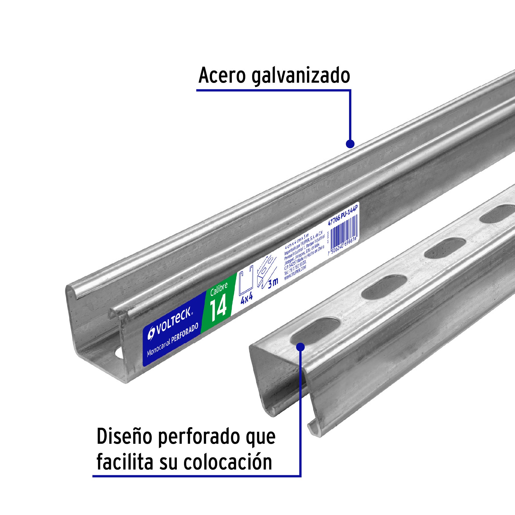 Perfil monocanal perforado de 3 m, 4 x 4 cm cal. 14, VOLTECK