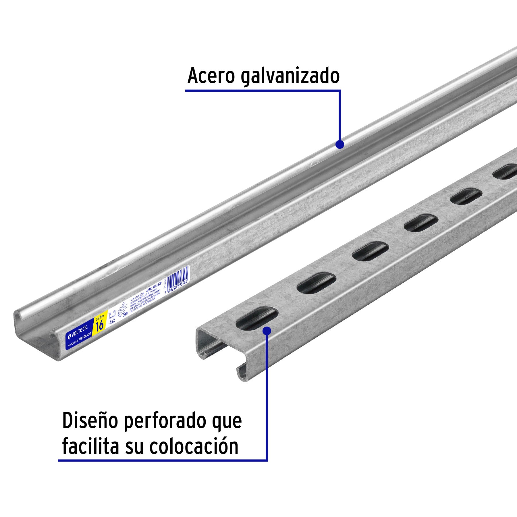 Perfil monocanal perforado de 3 m, 4 x 2 cm cal. 16, VOLTECK