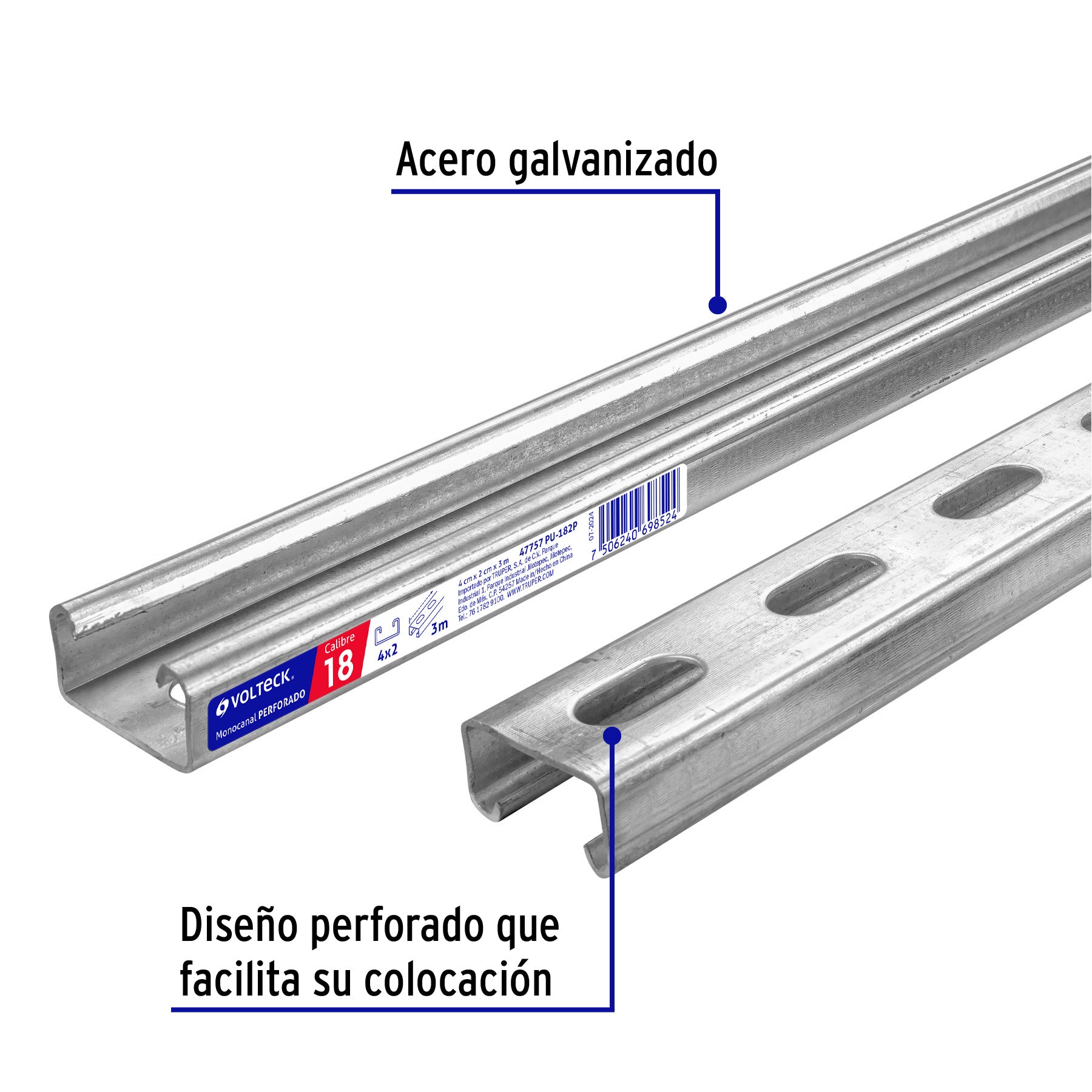 Perfil monocanal perforado de 3 m, 4 x 2 cm cal. 18, VOLTECK