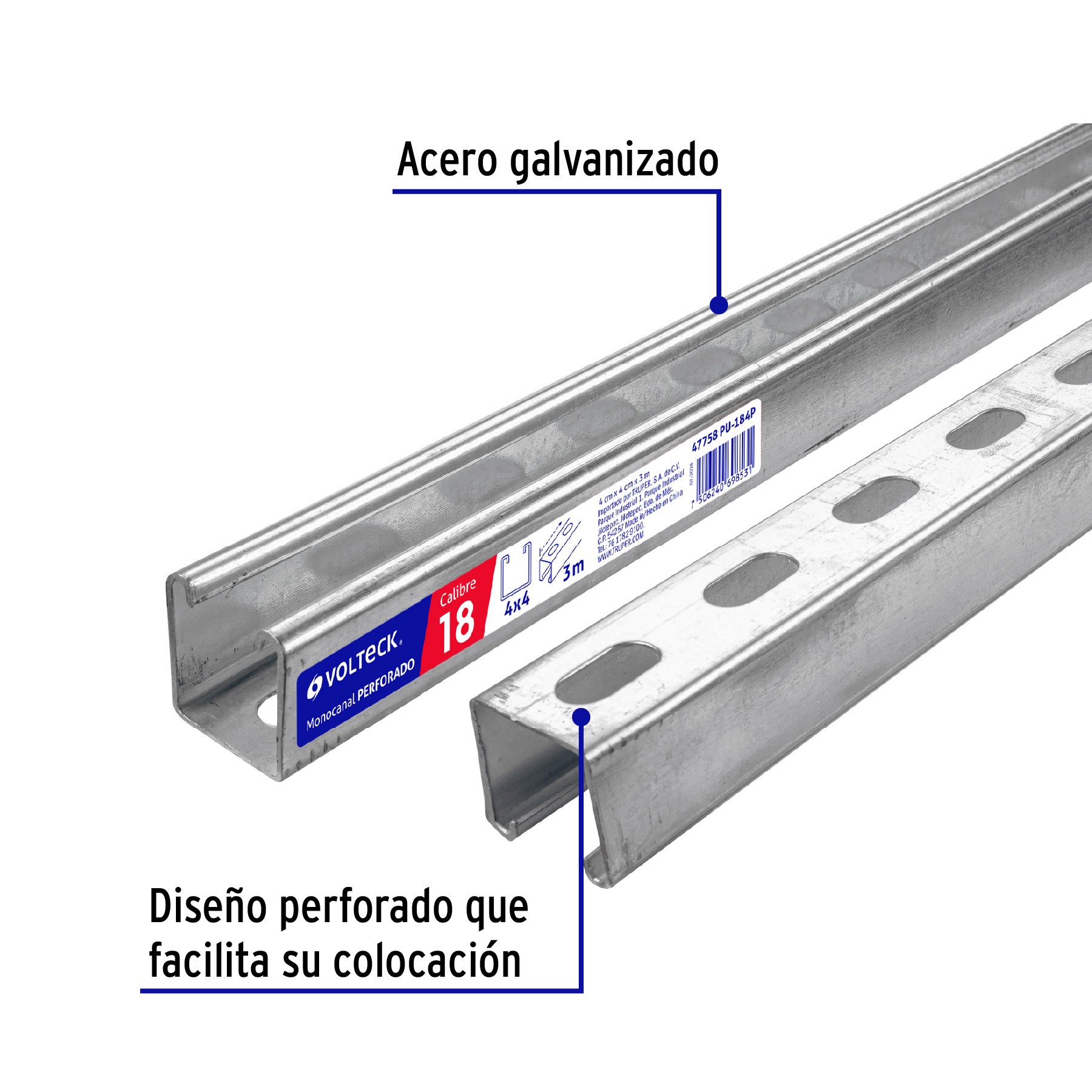Perfil monocanal perforado de 3 m, 4 x 4 cm cal. 18, VOLTECK