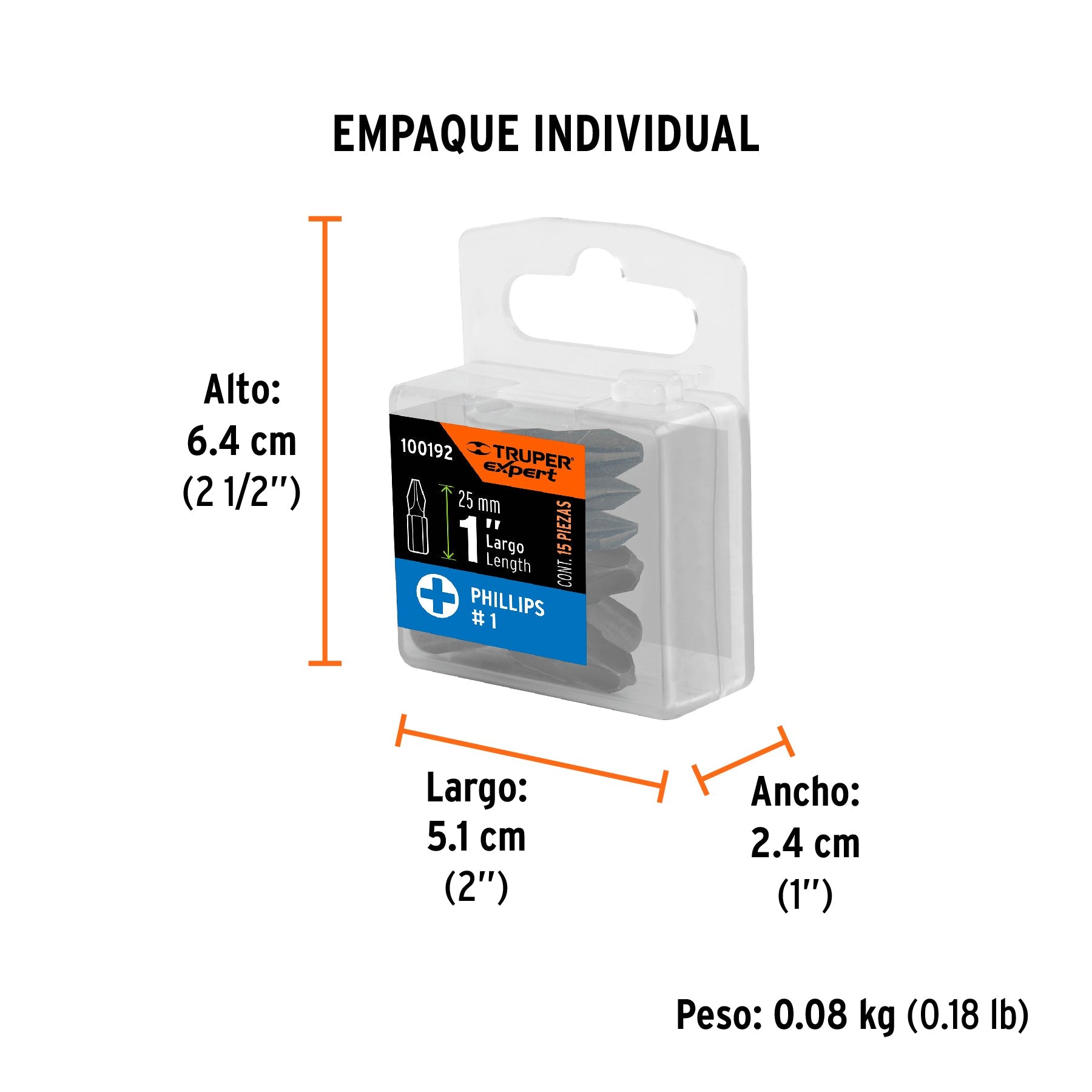 Estuche con 15 puntas de cruz PH1 largo 1", TRUPER EXPERT - Empaque