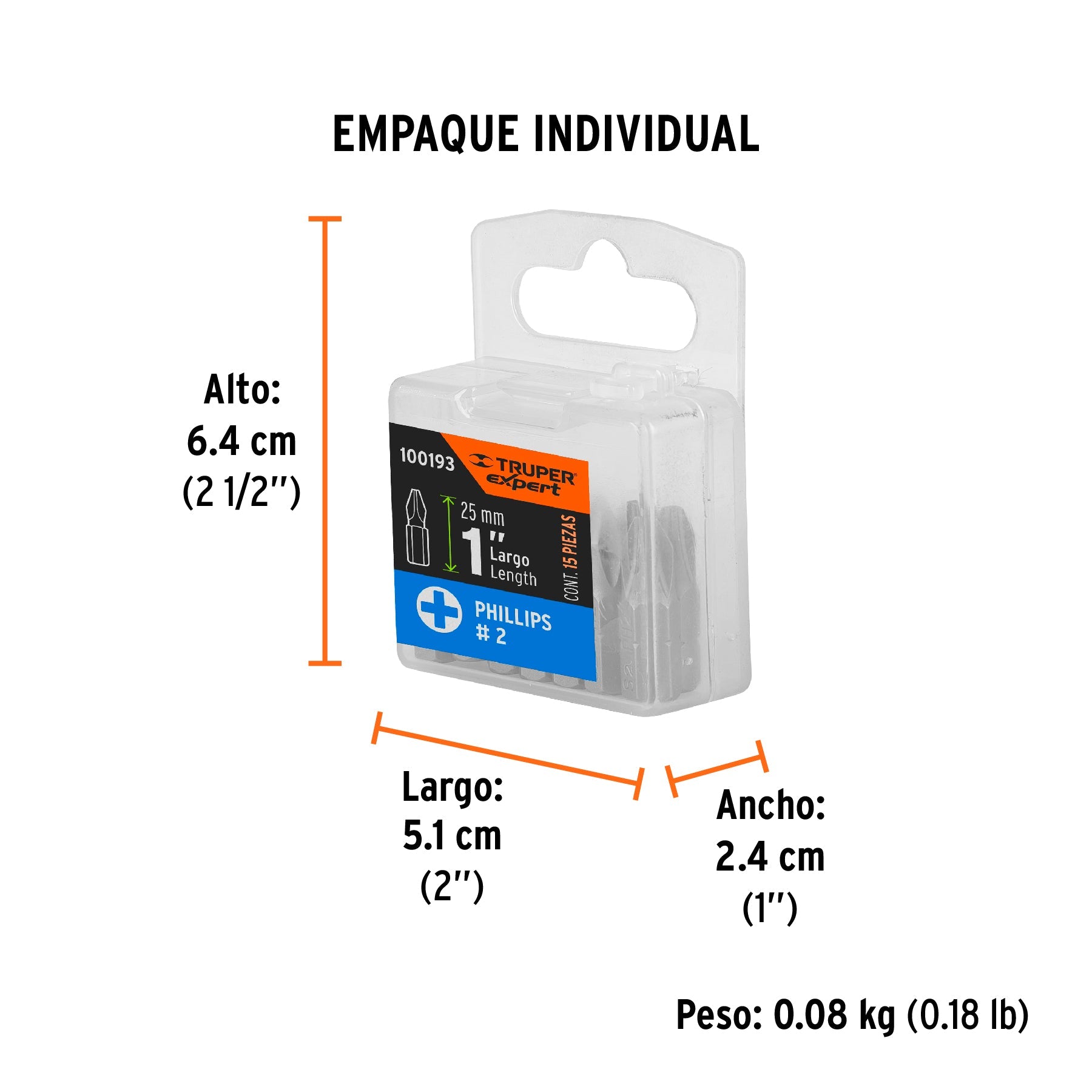 Estuche con 15 puntas de cruz PH2 largo 1", TRUPER EXPERT - Empaque