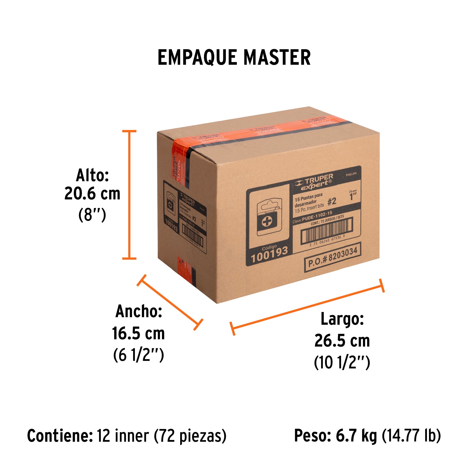Estuche con 15 puntas de cruz PH2 largo 1", TRUPER EXPERT - Empaque