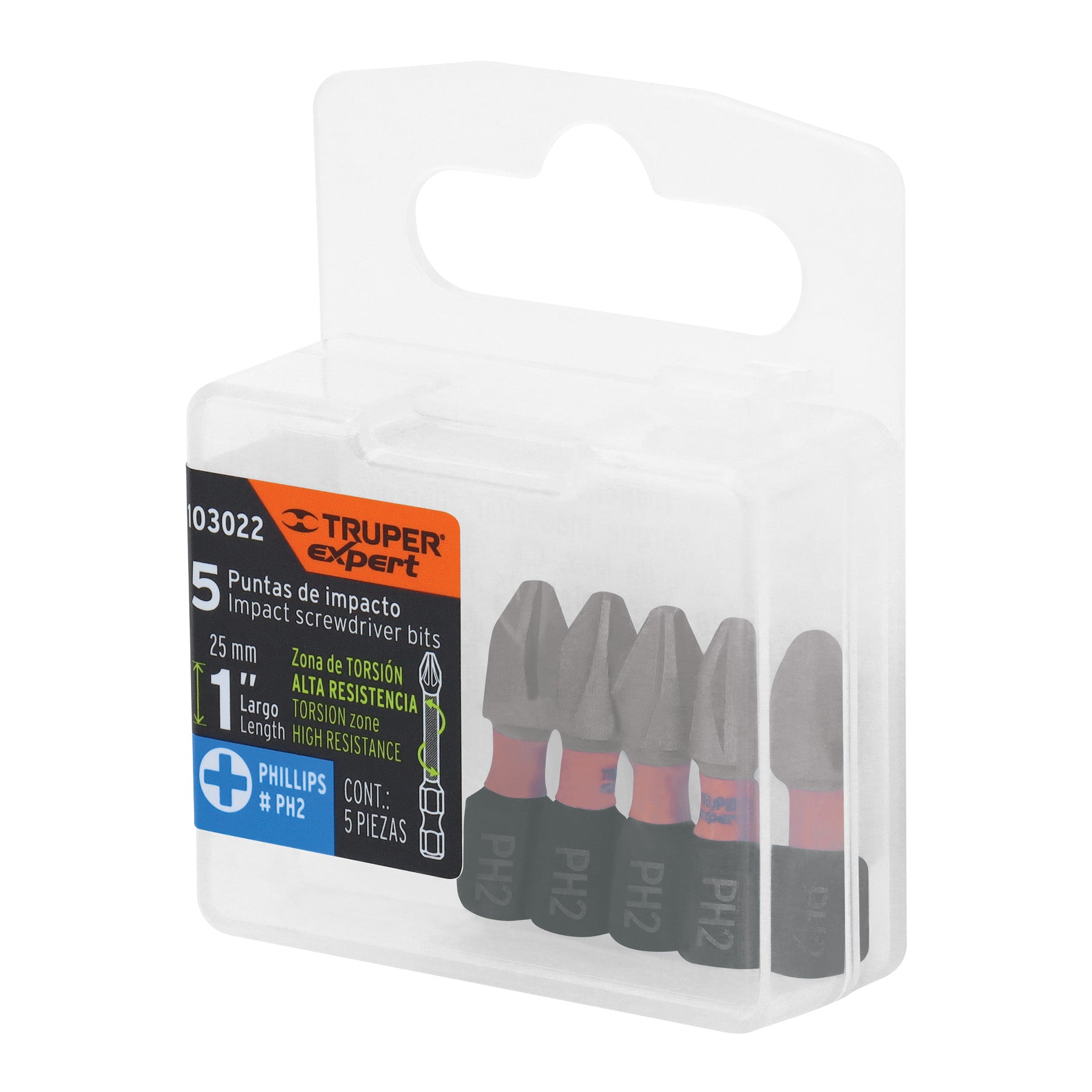 Estuche con 5 puntas de cruz PH2 de impacto largo 1"
