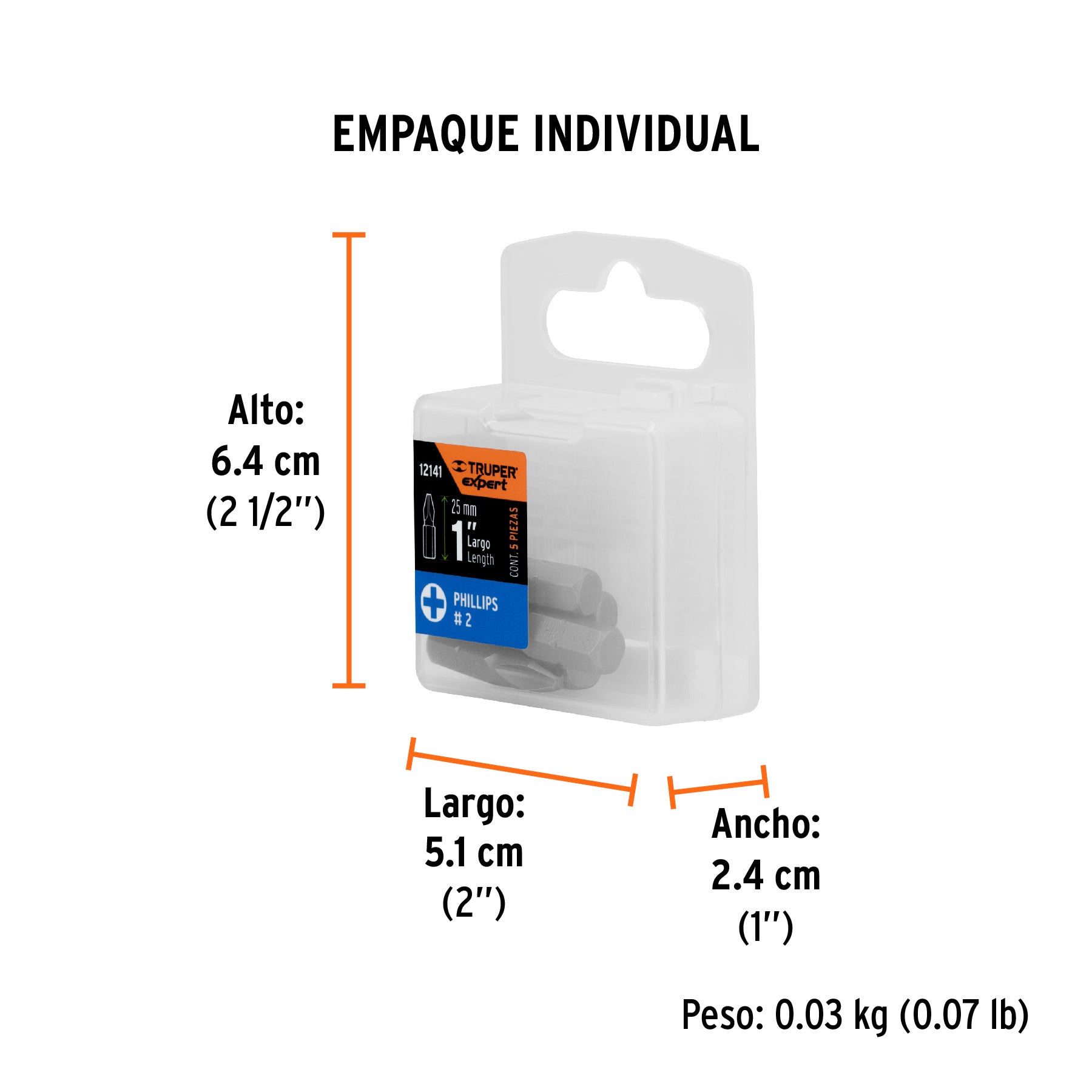 Estuche con 5 puntas de cruz PH2 largo 1", TRUPER EXPERT - Empaque