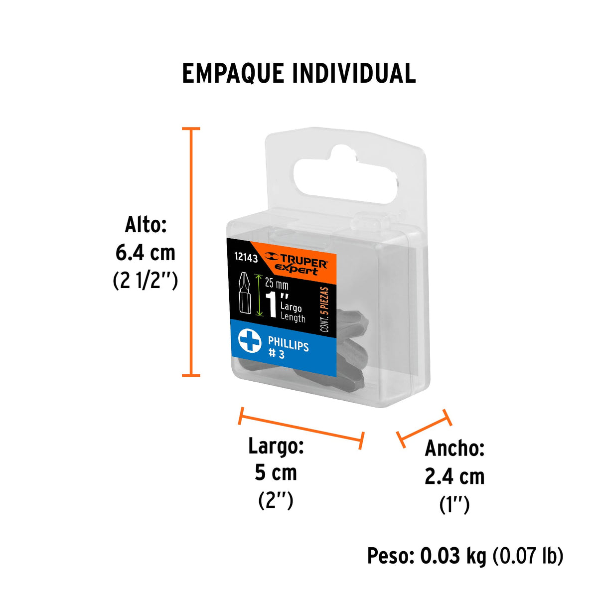 Estuche con 5 puntas de cruz PH3 largo 1", TRUPER EXPERT - Empaque