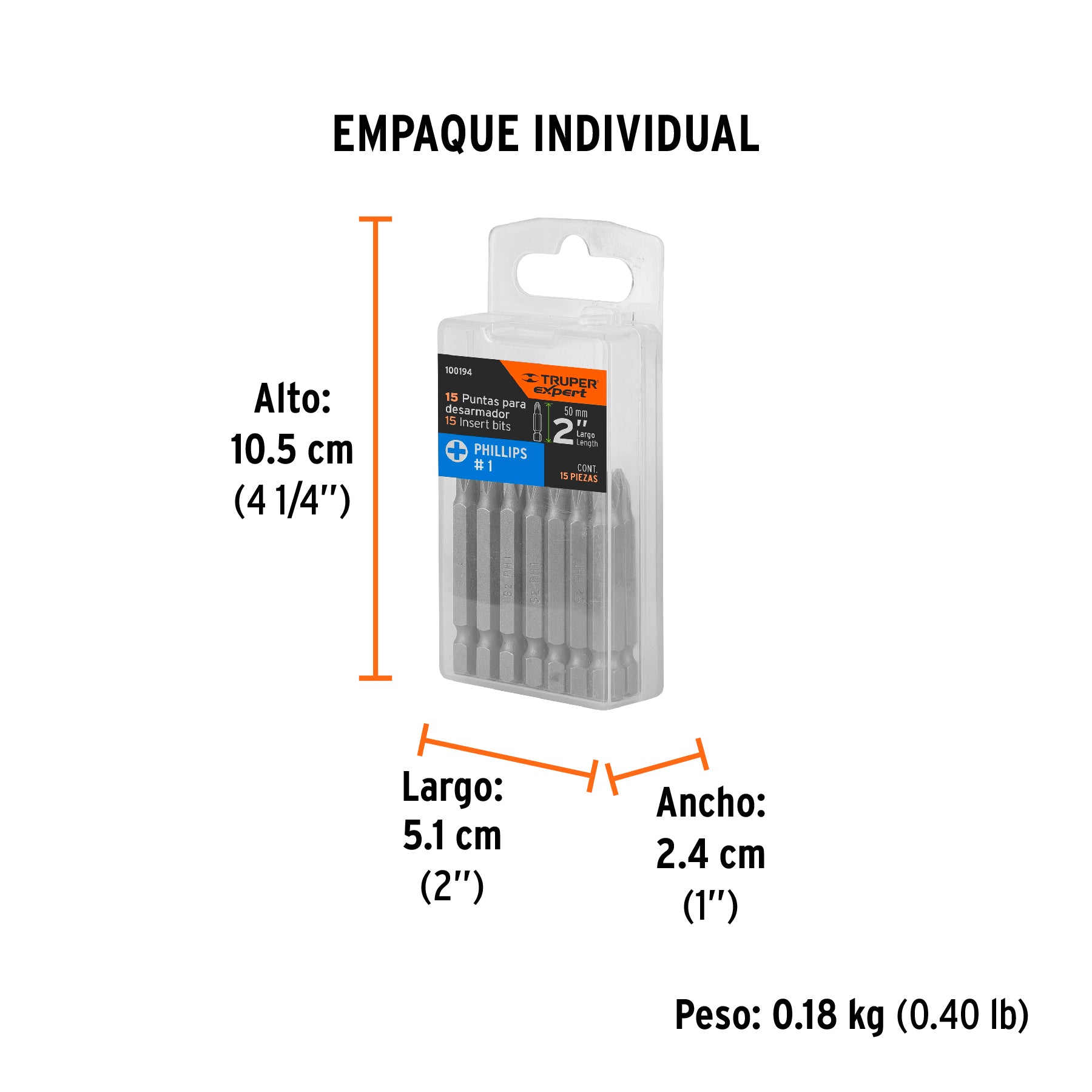 Estuche con 15 puntas de cruz PH1 largo 2", TRUPER EXPERT - Empaque