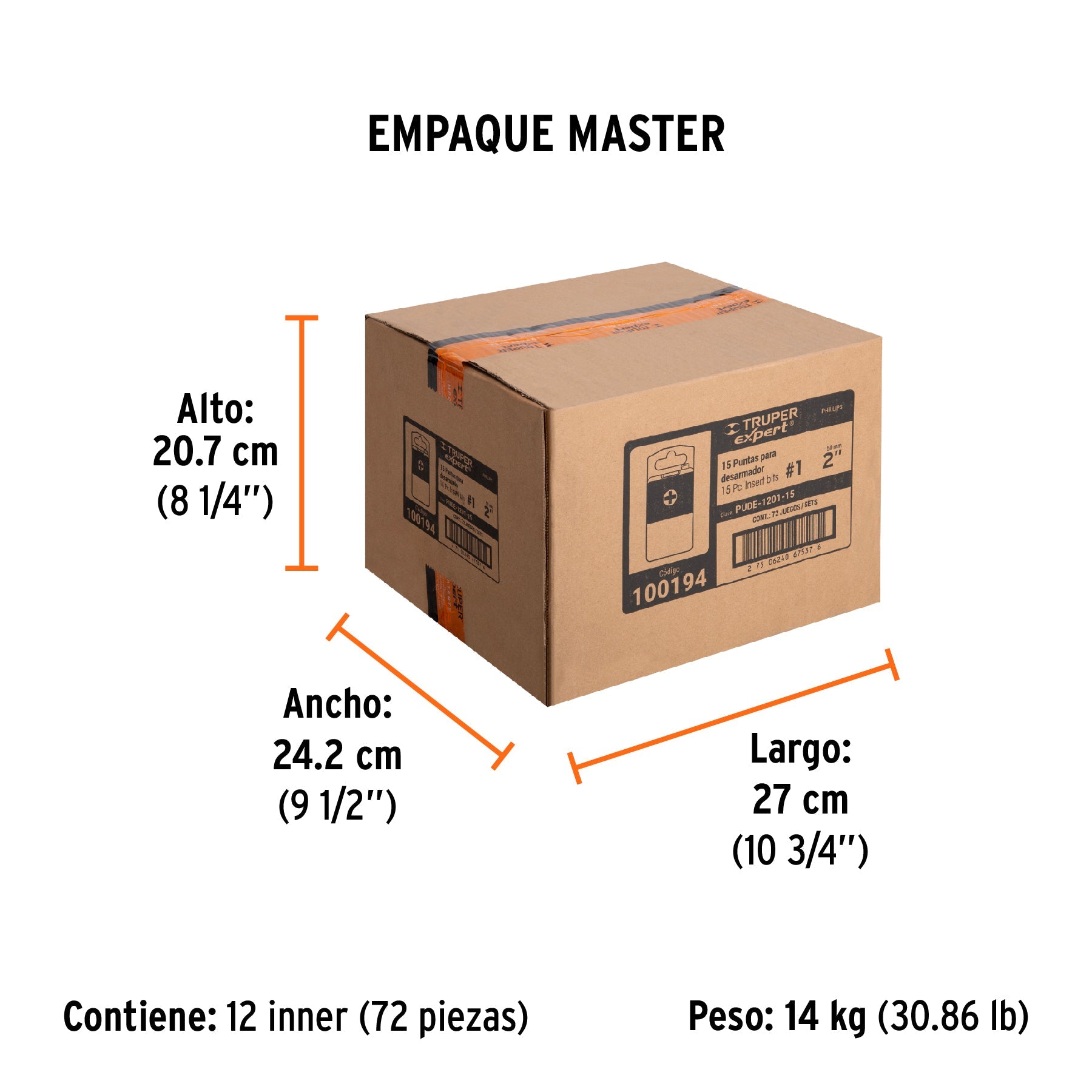 Estuche con 15 puntas de cruz PH1 largo 2", TRUPER EXPERT - Empaque