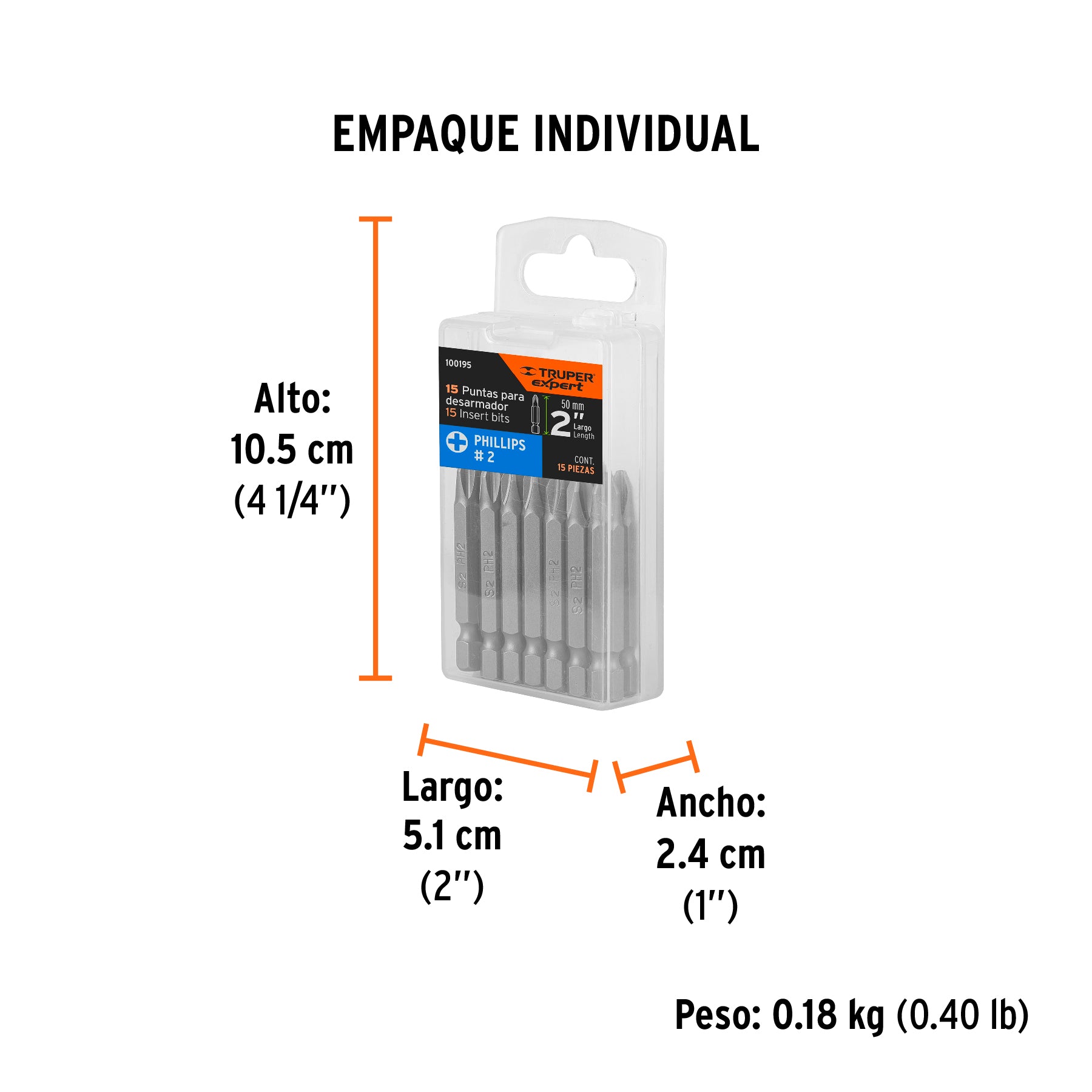 Estuche con 15 puntas de cruz PH2 largo 2", TRUPER EXPERT - Empaque
