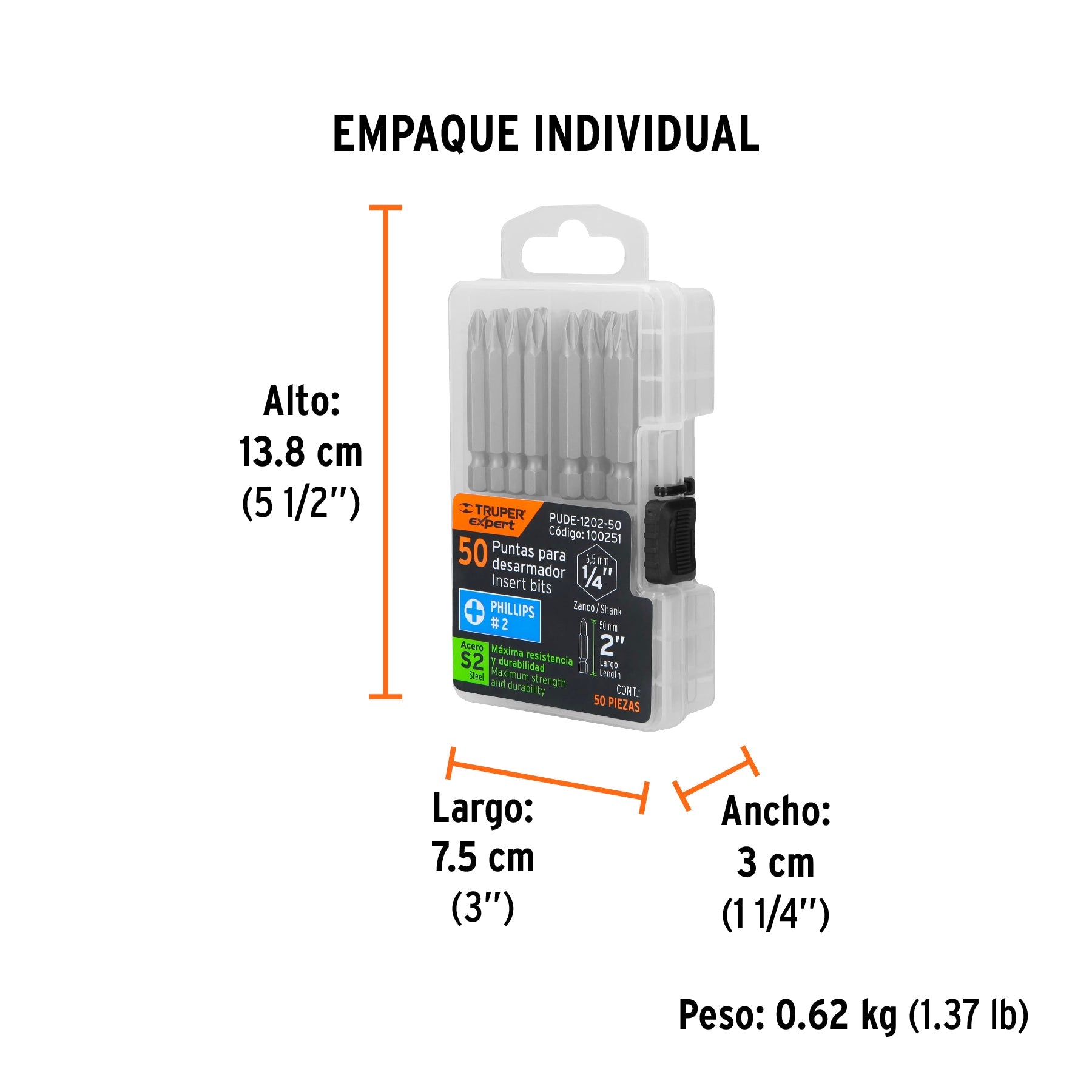 Estuche con 50 puntas de cruz PH2 largo 2", TRUPER EXPERT - Empaque