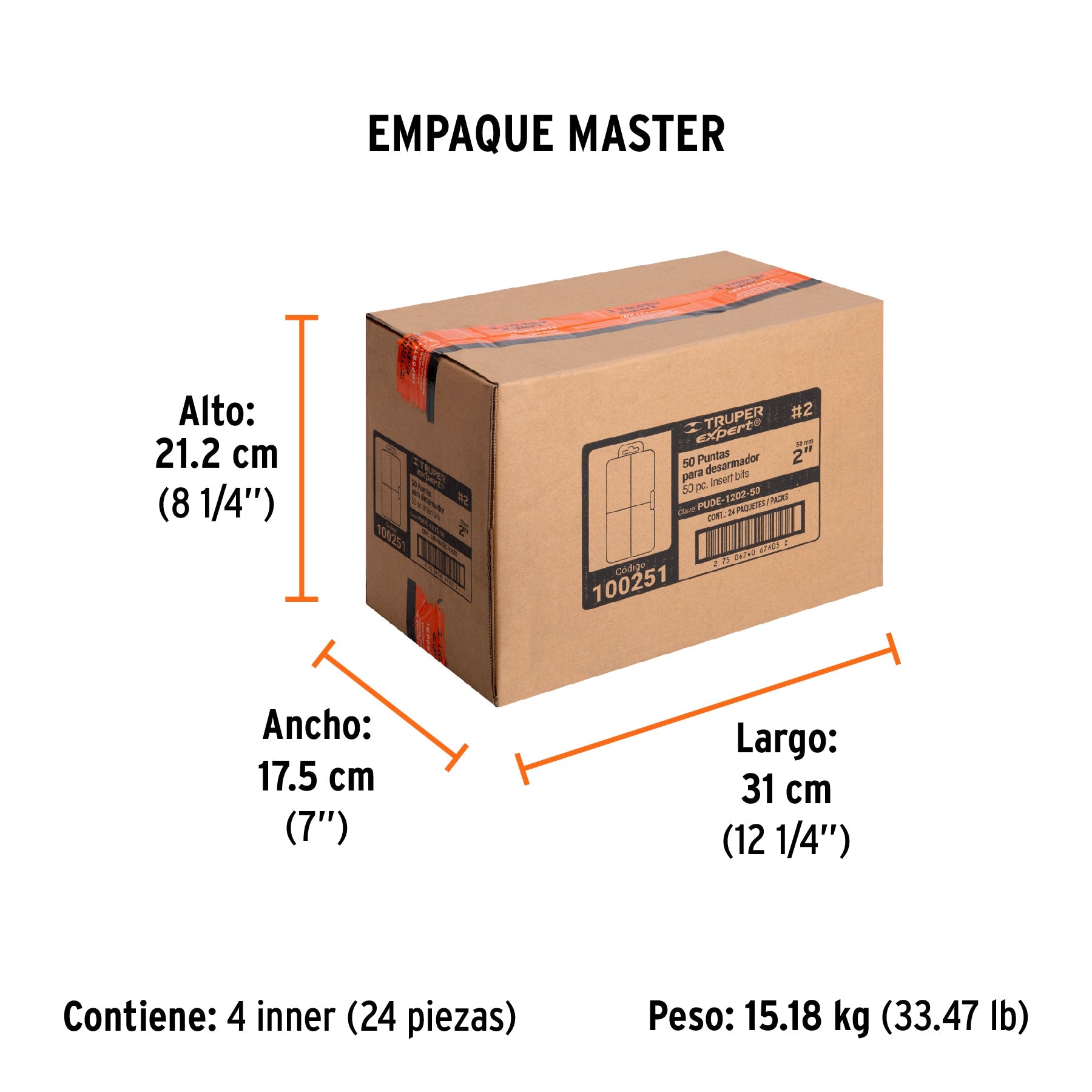 Estuche con 50 puntas de cruz PH2 largo 2", TRUPER EXPERT - Empaque