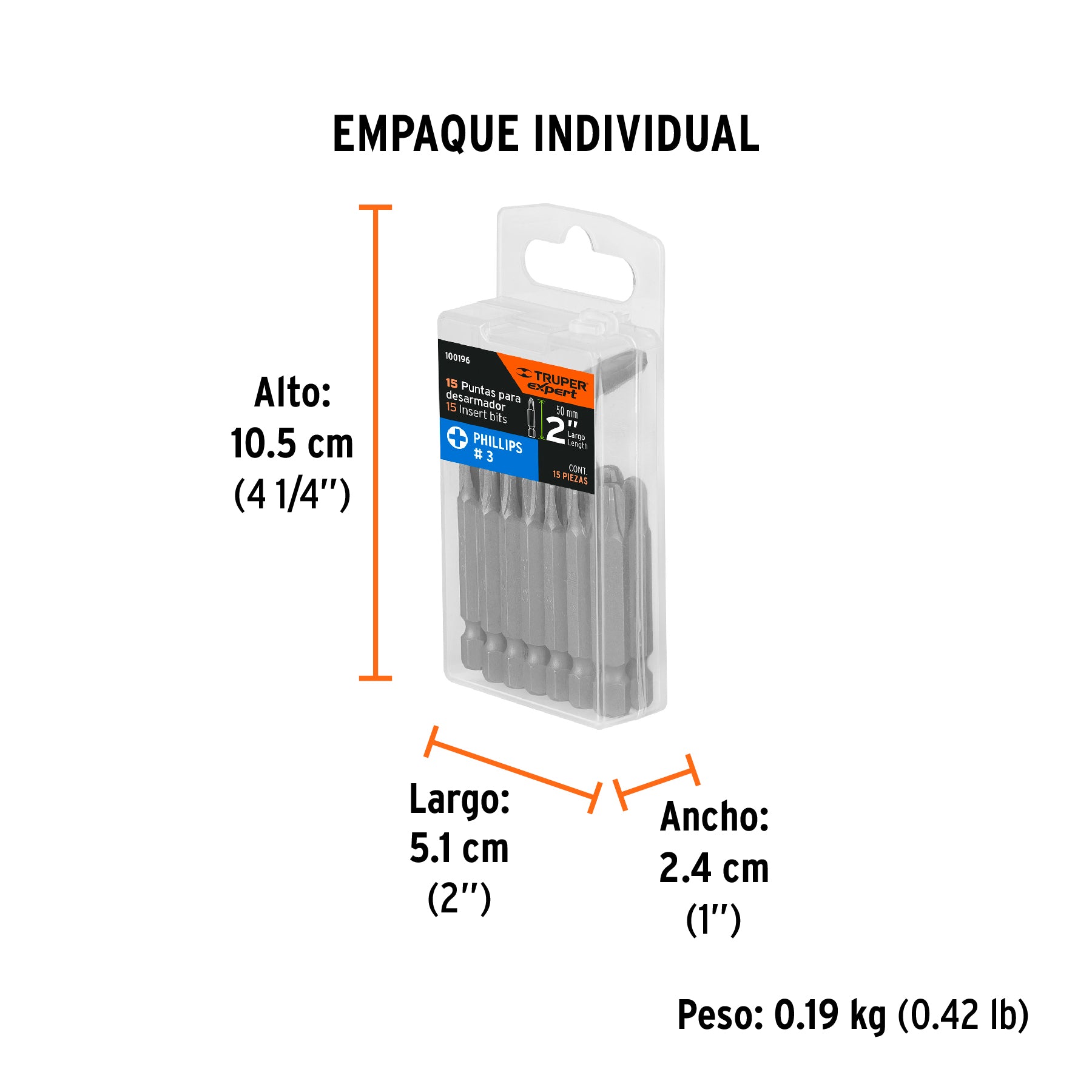 Estuche con 15 puntas de cruz PH3 largo 2", TRUPER EXPERT - Empaque