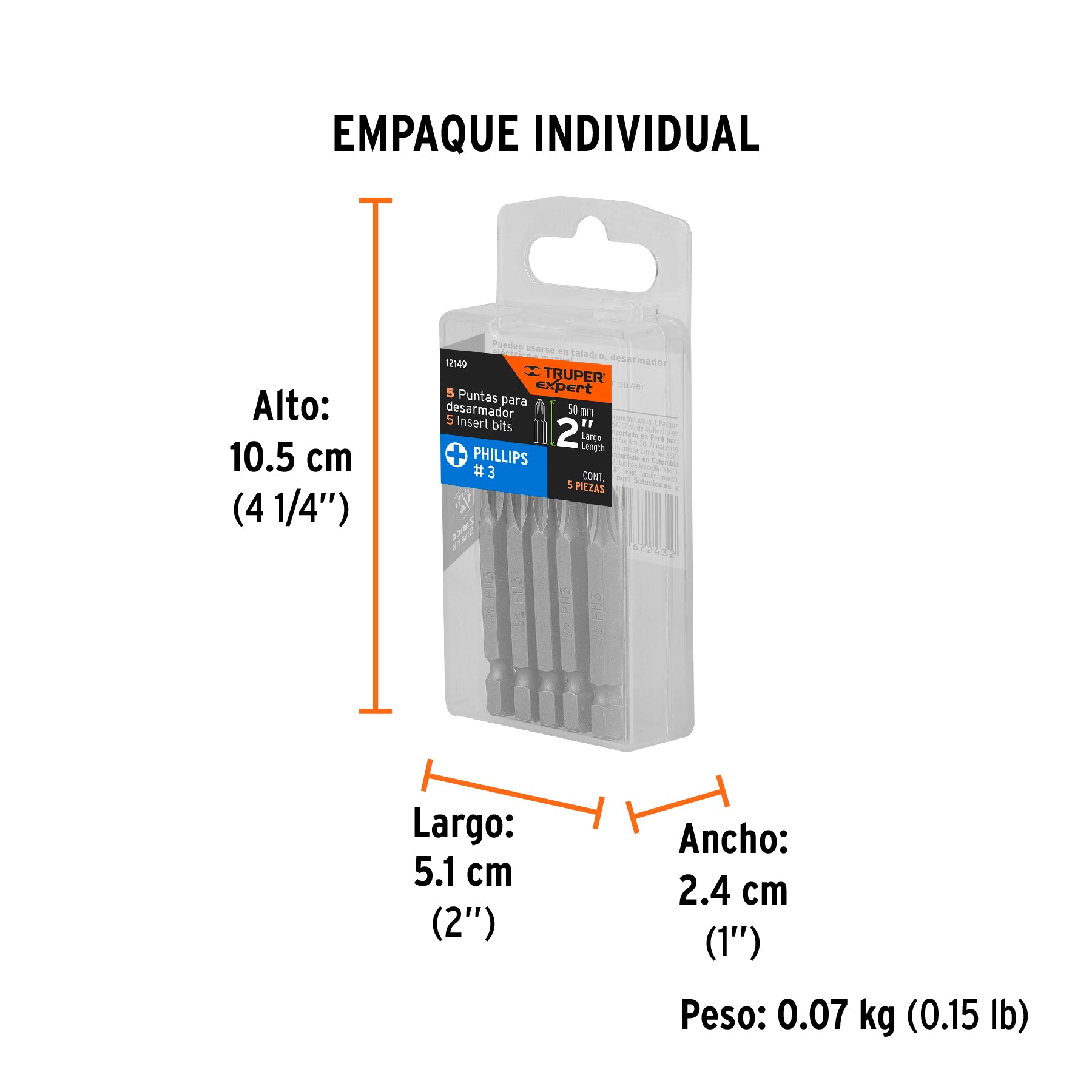 Estuche con 5 puntas de cruz PH3 largo 2", TRUPER EXPERT - Empaque