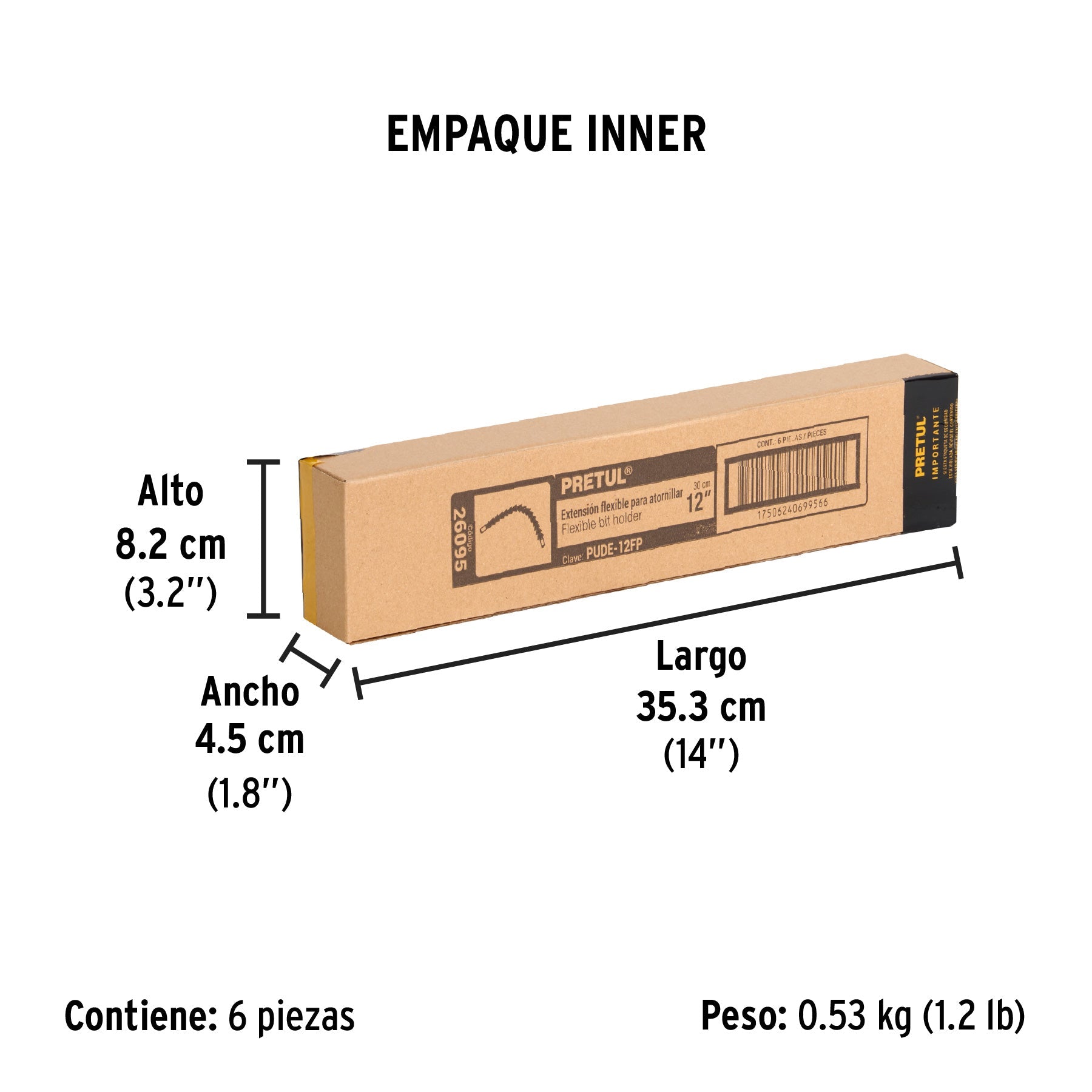 Extensión 12" flexible, para atornillar, PRETUL - Empaque