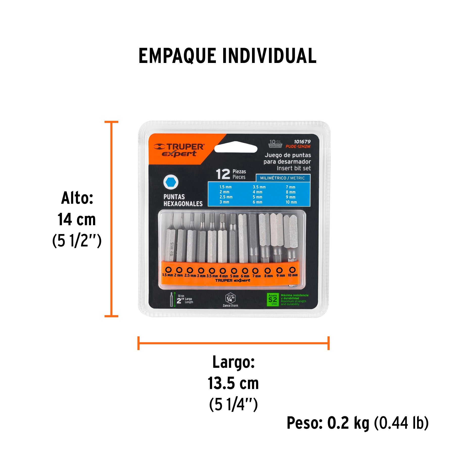 Juego de 12 puntas hexagonales mm largo 2", EXPERT - Empaque