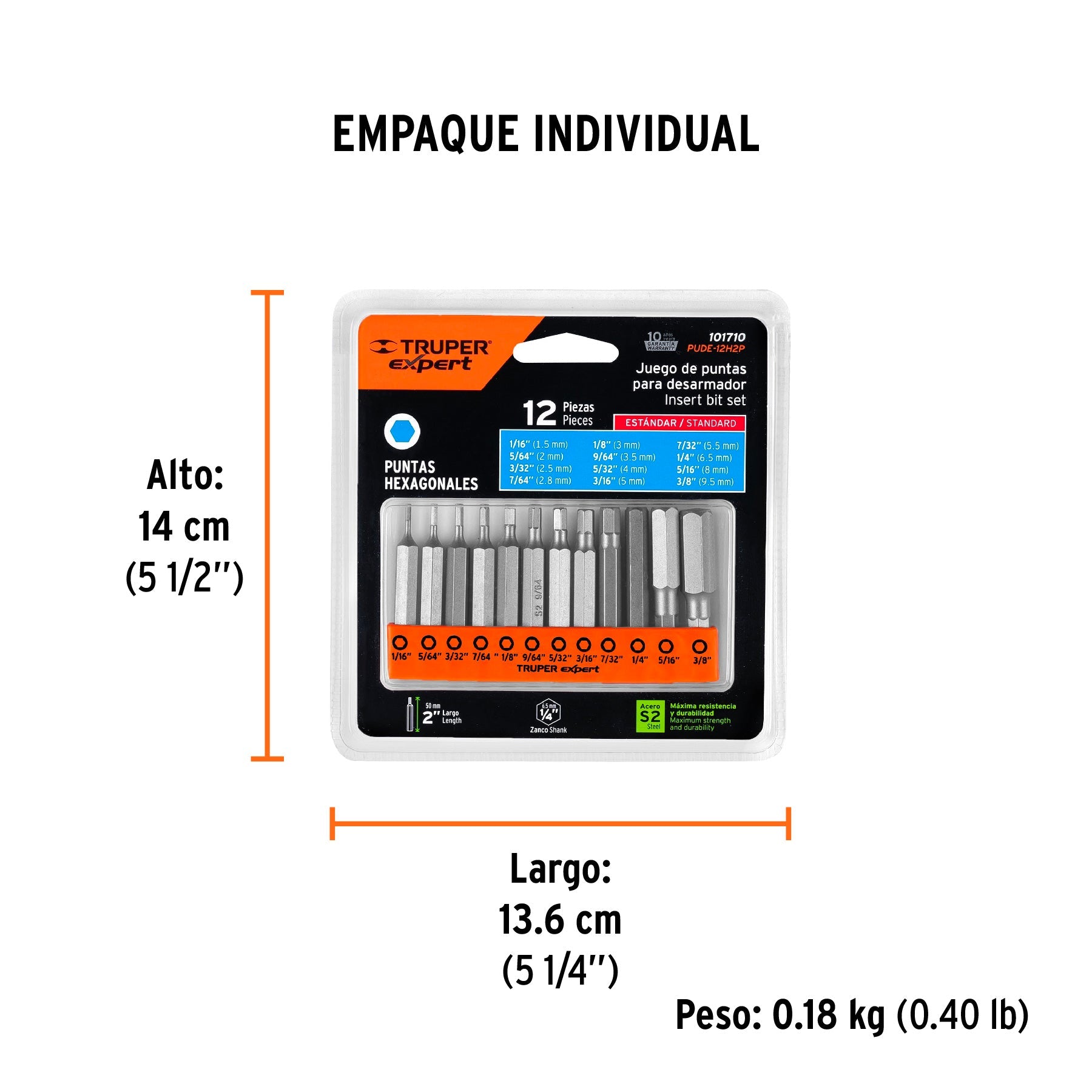 Juego de 12 puntas hexagonales std largo 2", EXPERT - Empaque