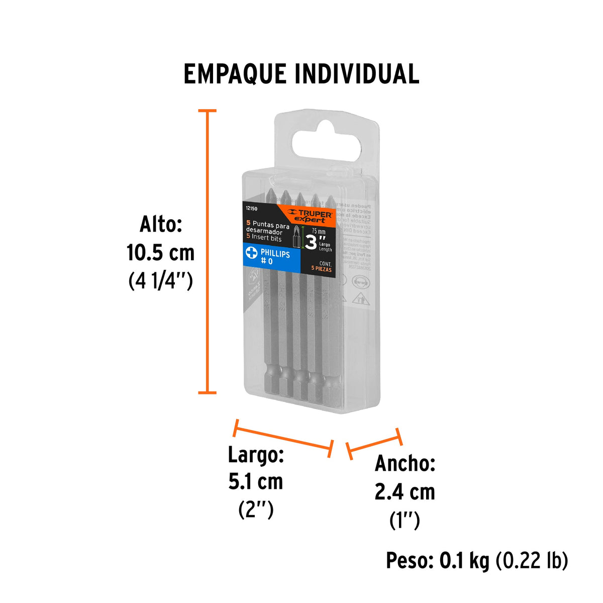 Estuche con 5 puntas de cruz PH0 largo 3", TRUPER EXPERT - Empaque