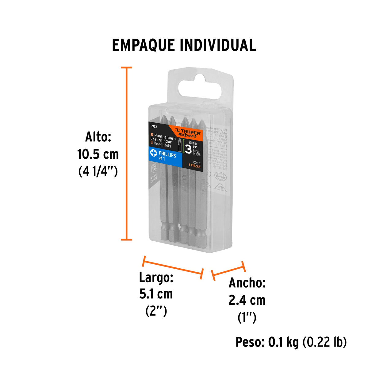 Estuche con 5 puntas de cruz PH1 largo 3", TRUPER EXPERT - Empaque