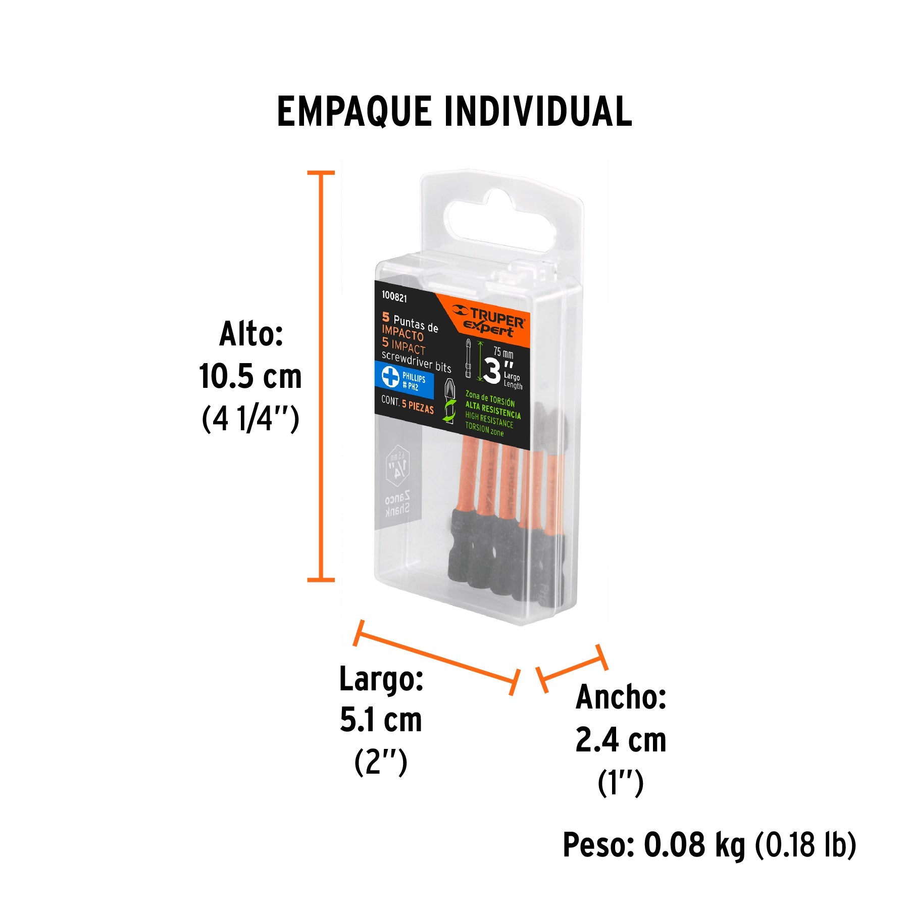 Estuche con 5 puntas de cruz PH2 de impacto largo 3", EXPERT - Empaque