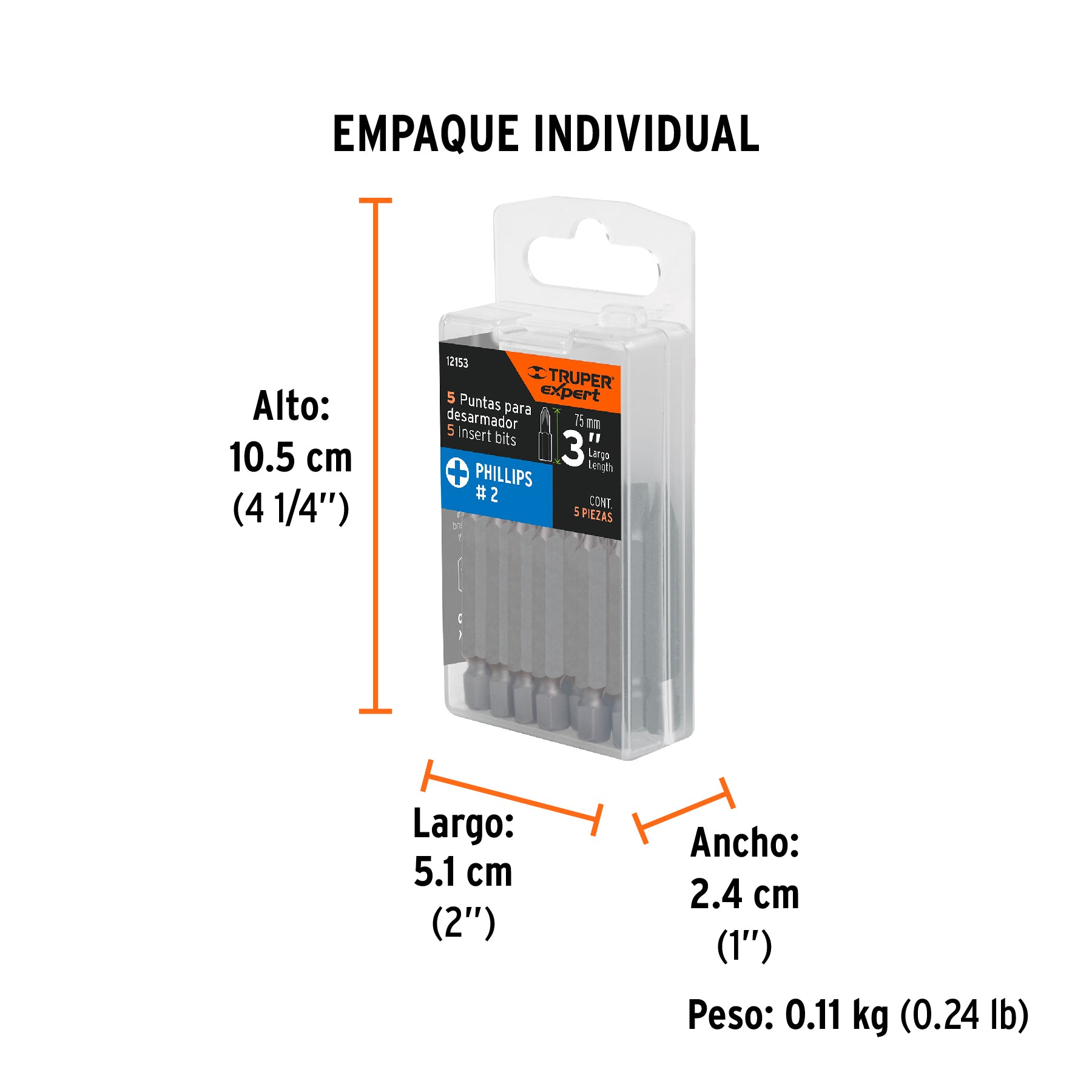 Estuche con 5 puntas de cruz PH2 largo 3", TRUPER EXPERT - Empaque