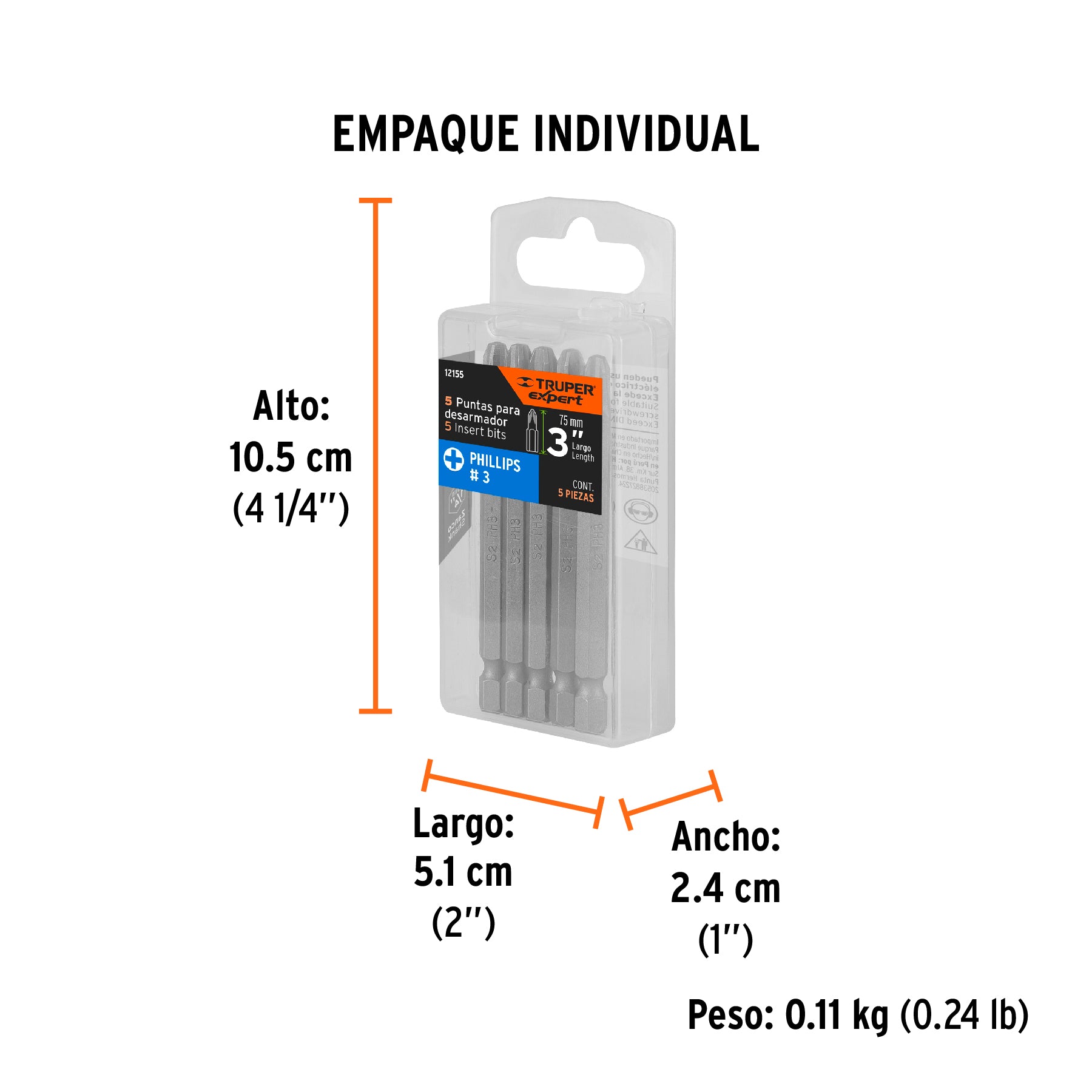 Estuche con 5 puntas de cruz PH3 largo 3", TRUPER EXPERT - Empaque