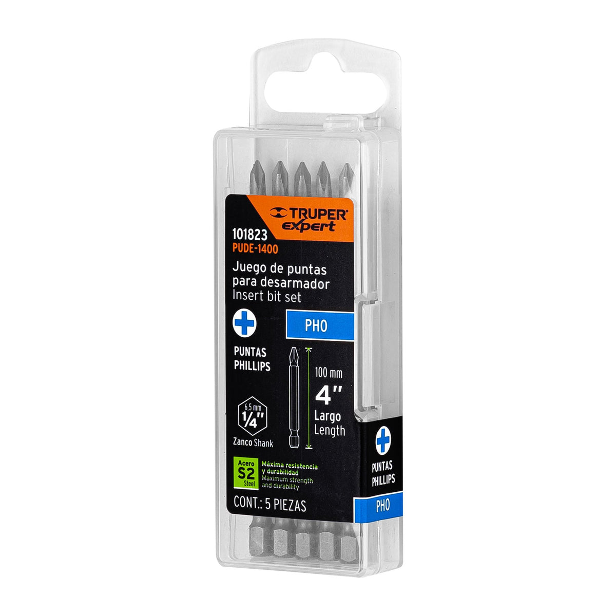 Estuche con 5 puntas de cruz PH0 largo 4", TRUPER EXPERT
