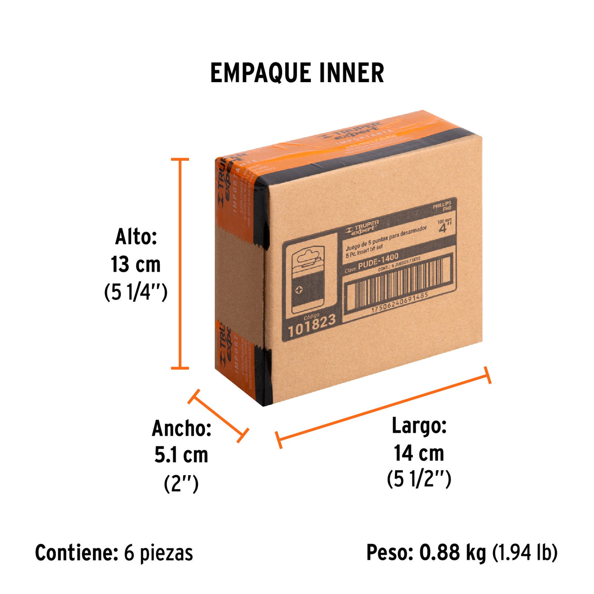 Estuche con 5 puntas de cruz PH0 largo 4", TRUPER EXPERT - Empaque