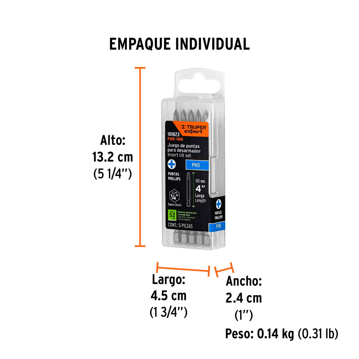 Estuche con 5 puntas de cruz PH0 largo 4", TRUPER EXPERT - Empaque