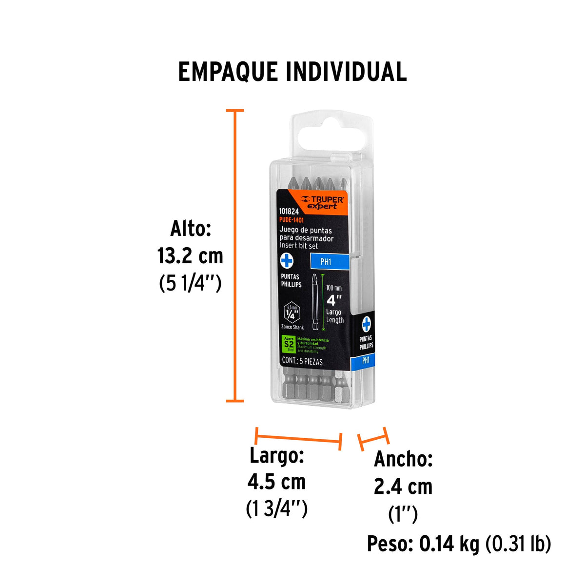 Estuche con 5 puntas de cruz PH1 largo 4", TRUPER EXPERT - Empaque