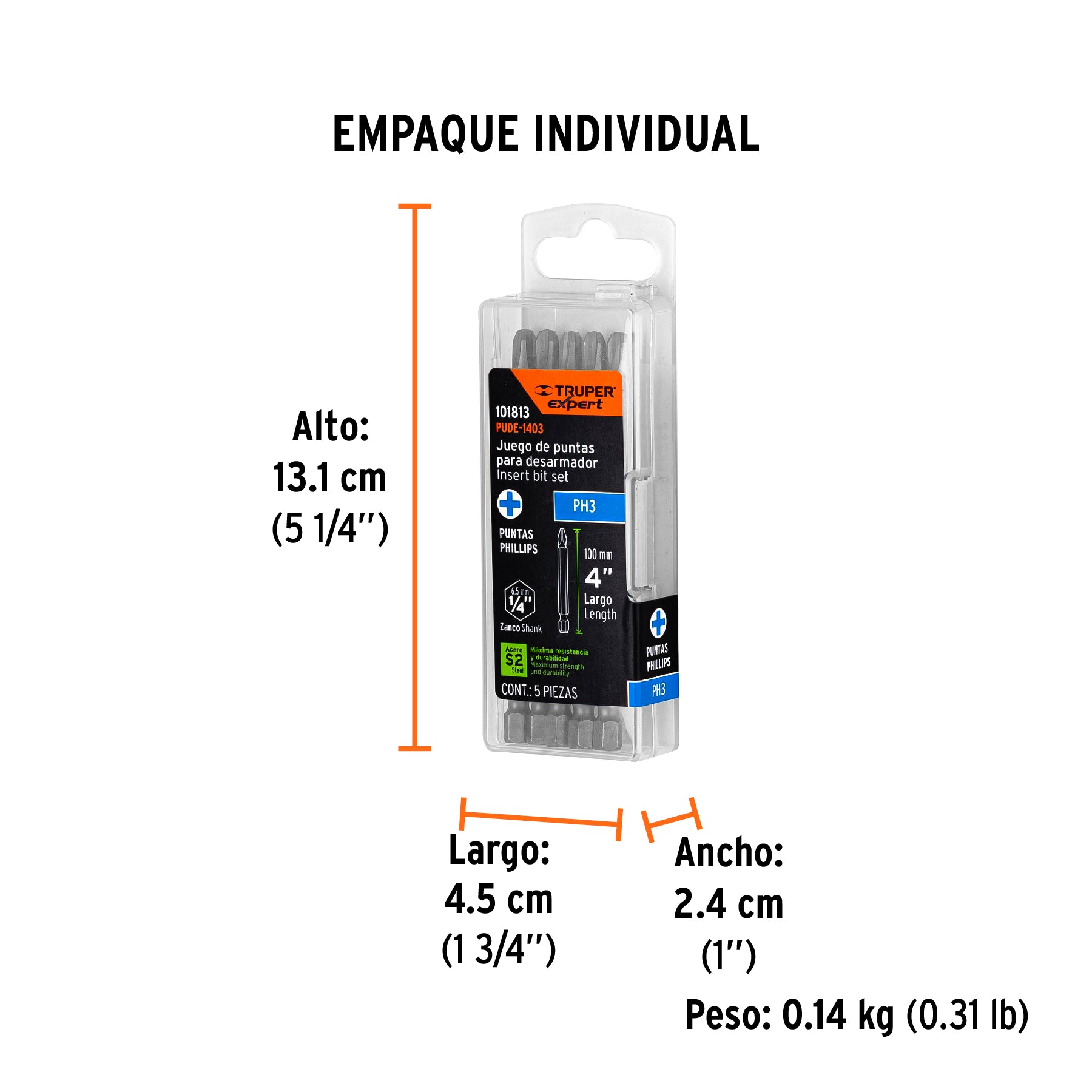 Estuche con 5 puntas de cruz PH3 largo 4", TRUPER EXPERT - Empaque